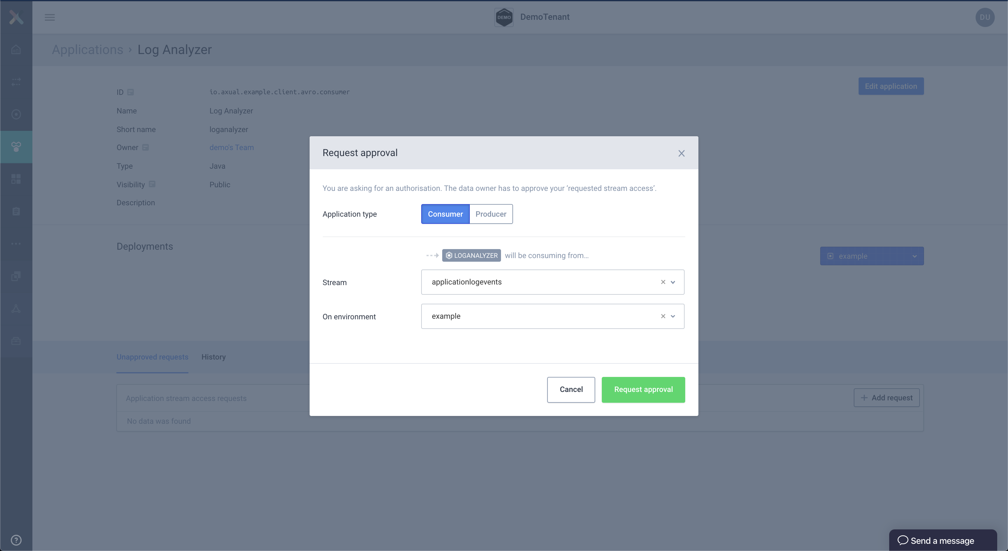 Our configured stream request modal for consumer