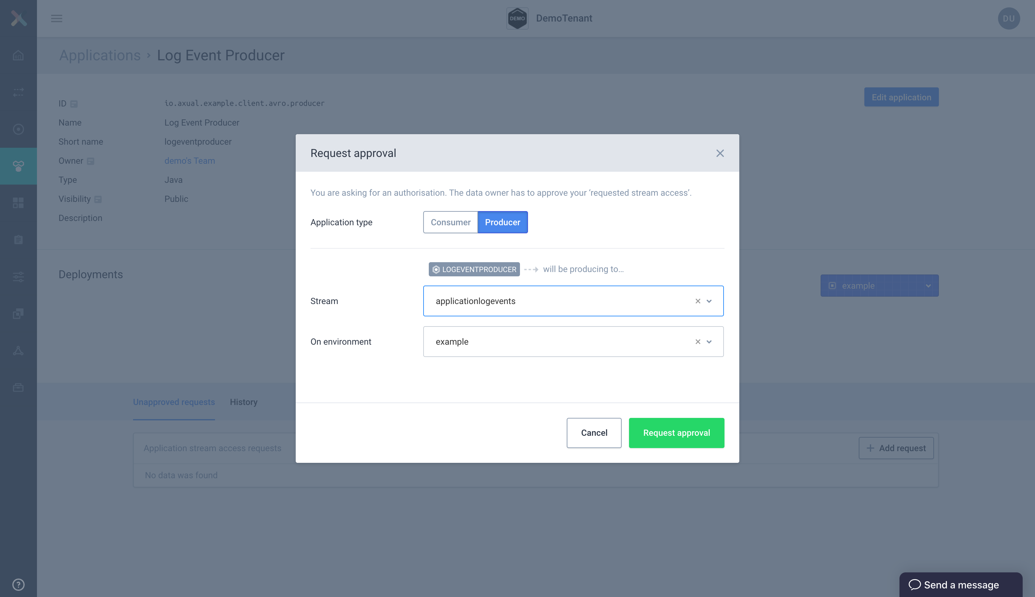 Our configured stream request modal for producer