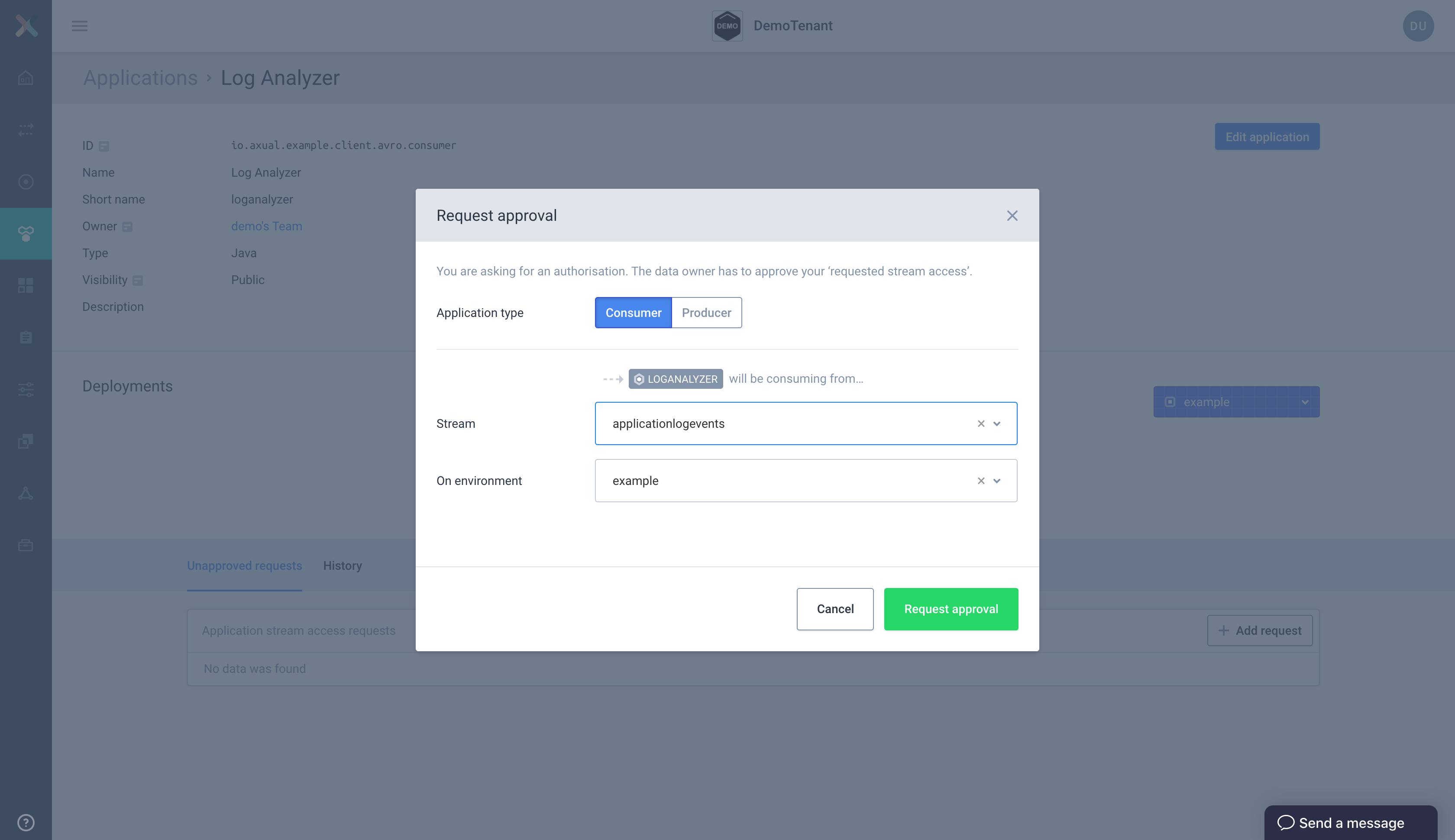 Our configured stream request modal for consumer