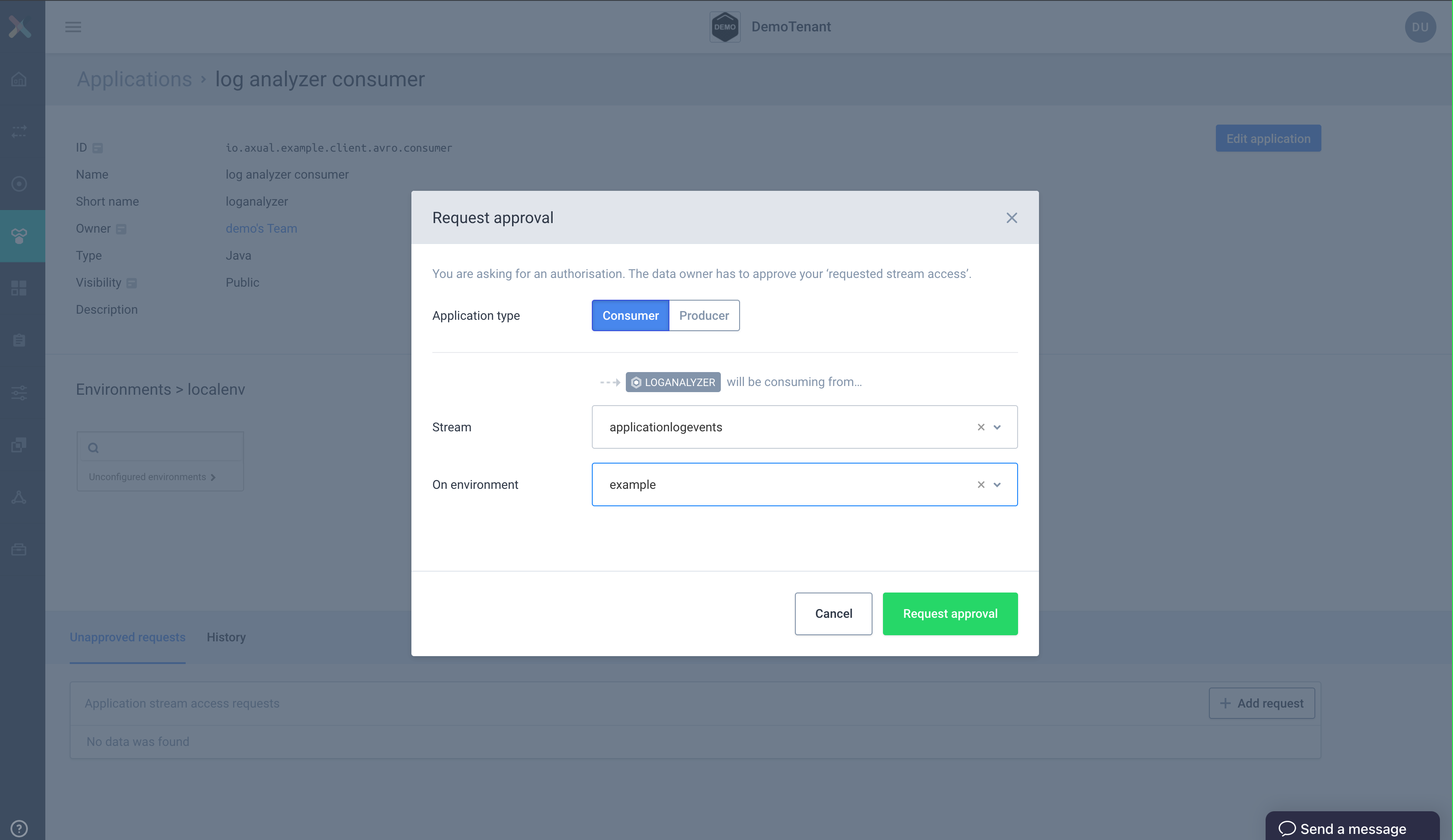 Our configured stream request modal for consumer