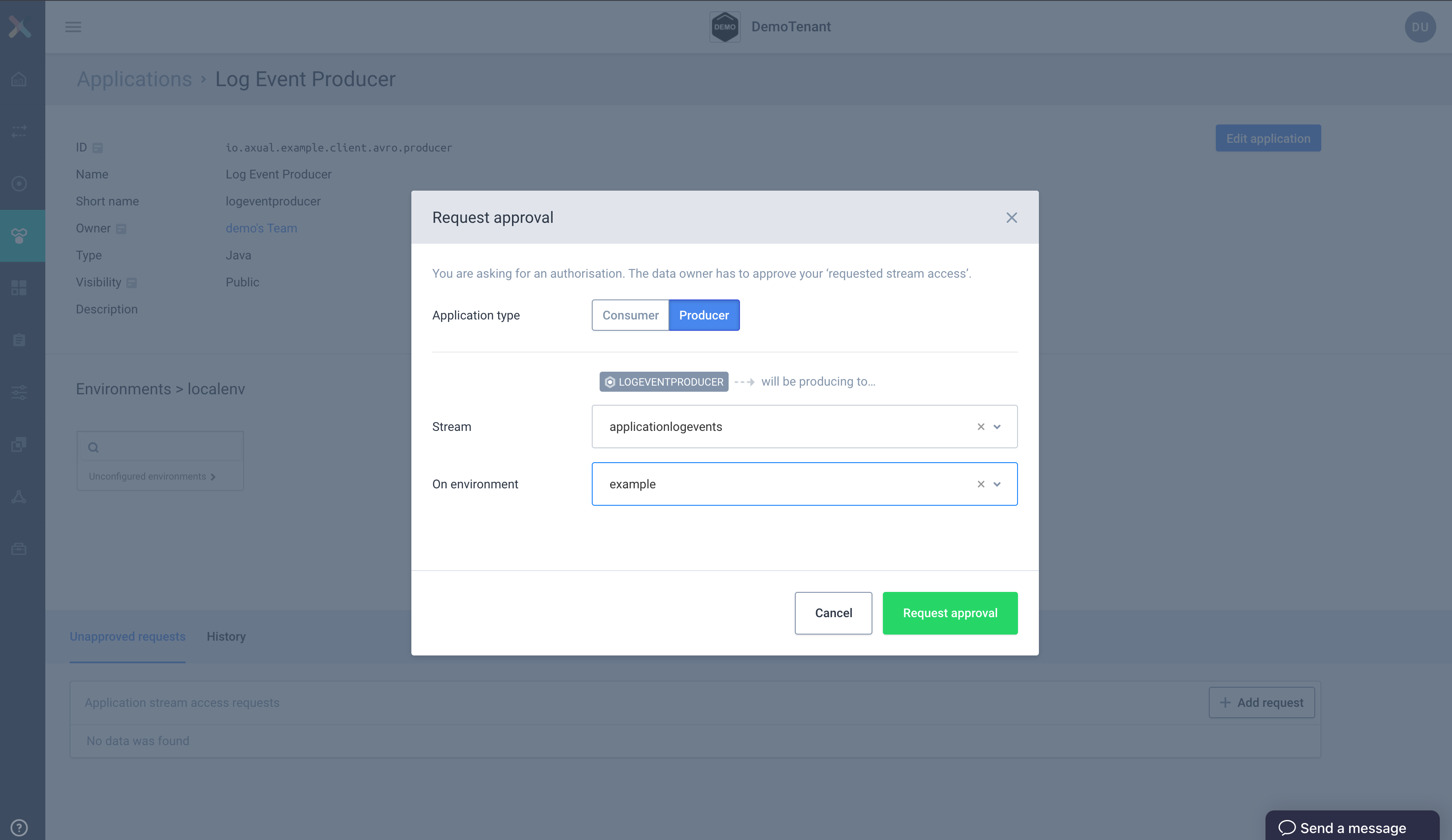 Our configured stream request modal for producer