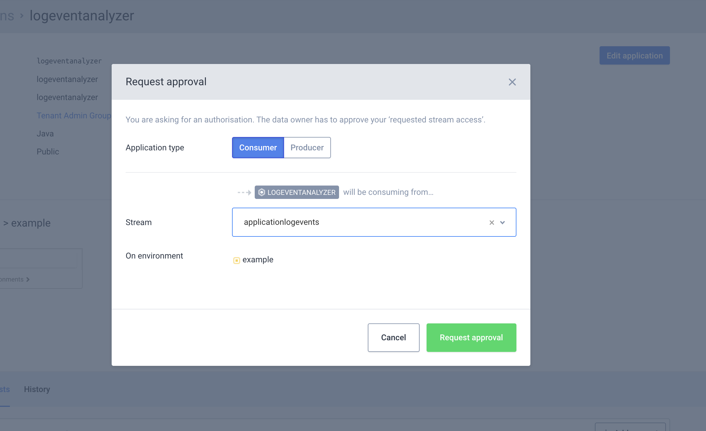 Our configured stream request modal for consumer