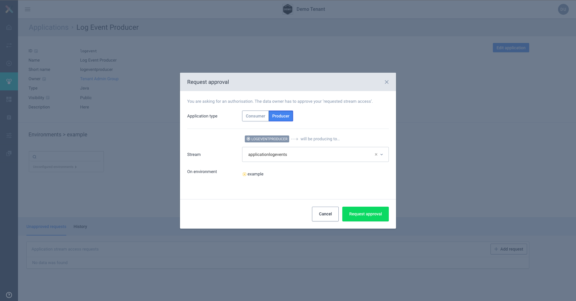 Our configured stream request modal for producer