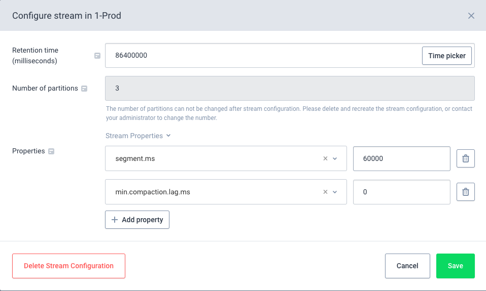 Stream configuration modal