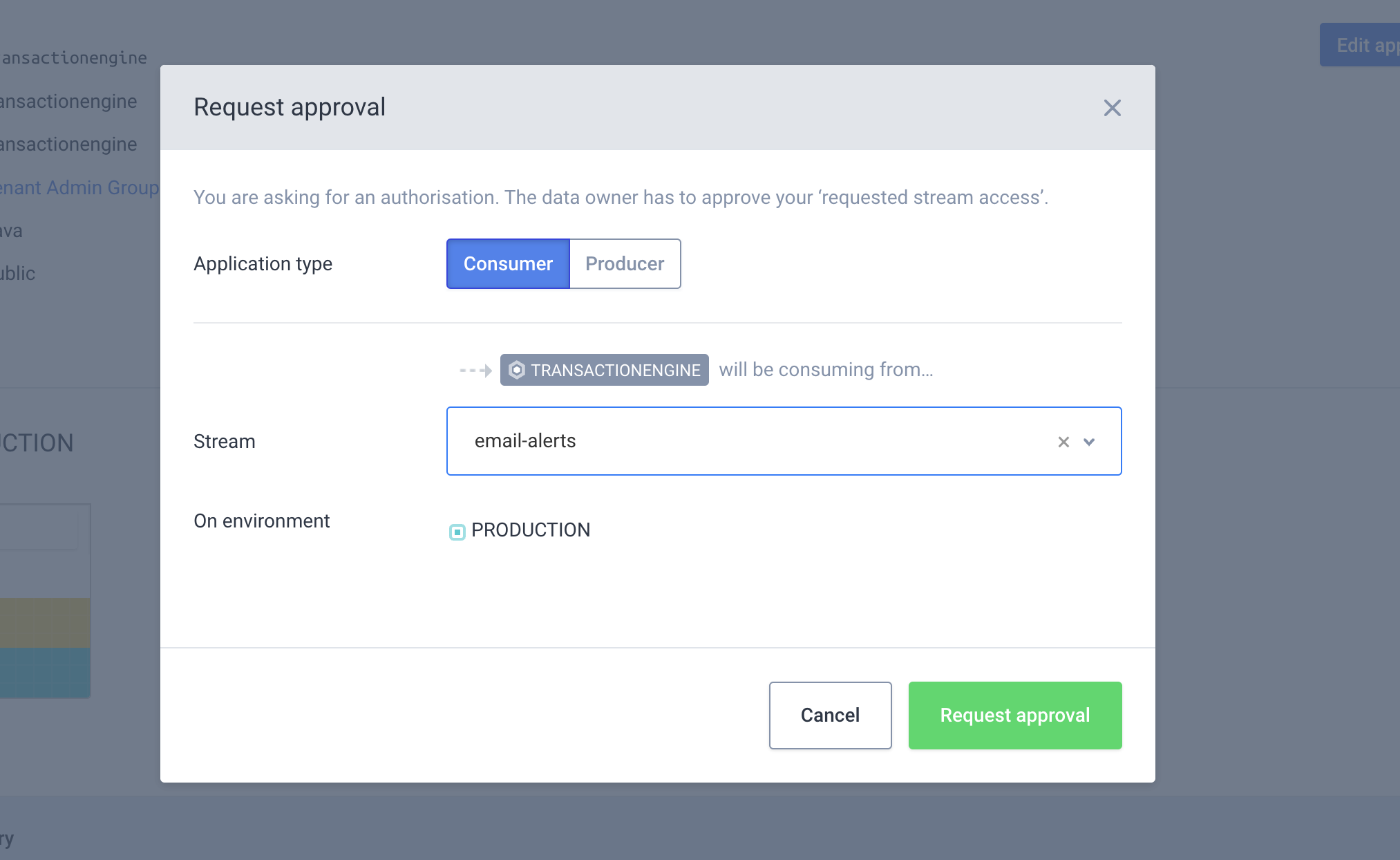 Request approval modal