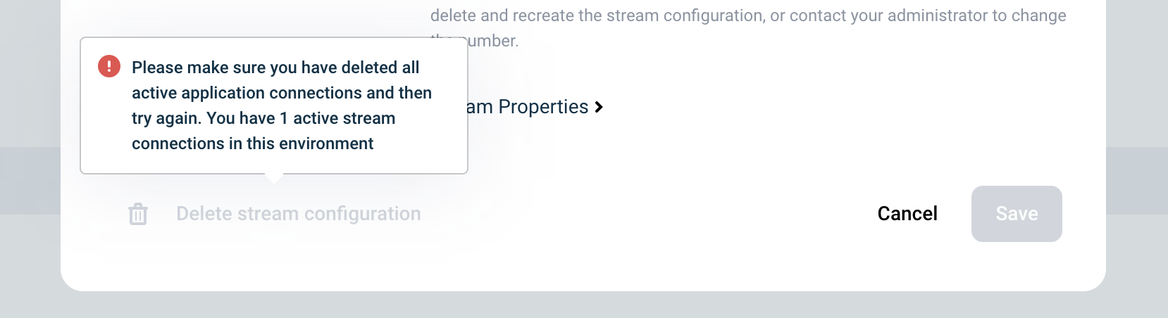 Inform stream configuration delete modal