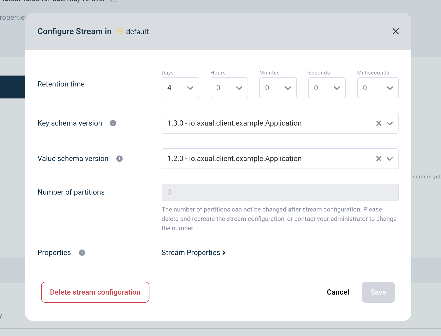 Stream configuration modal