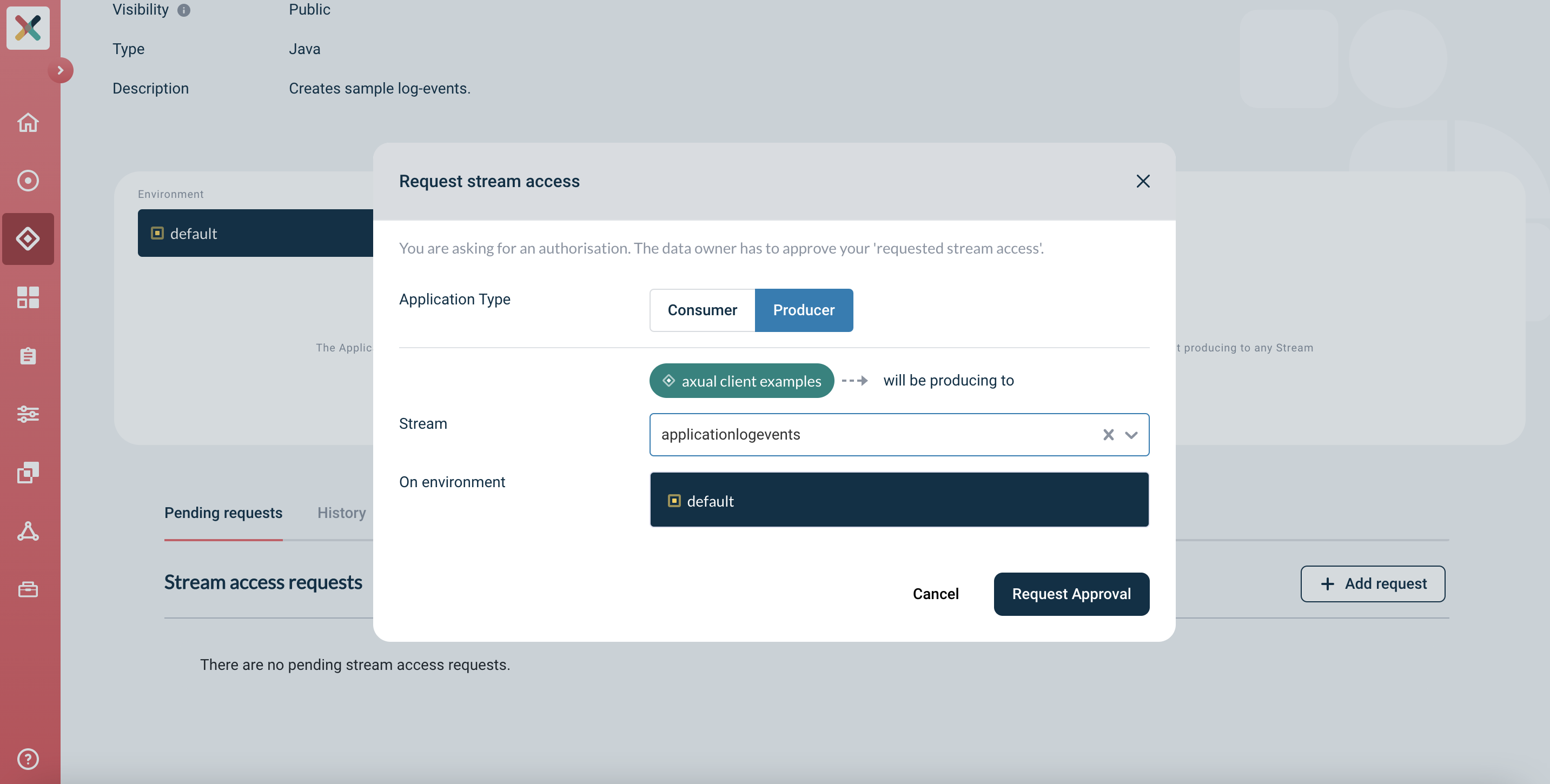 Our configured stream request modal for producer