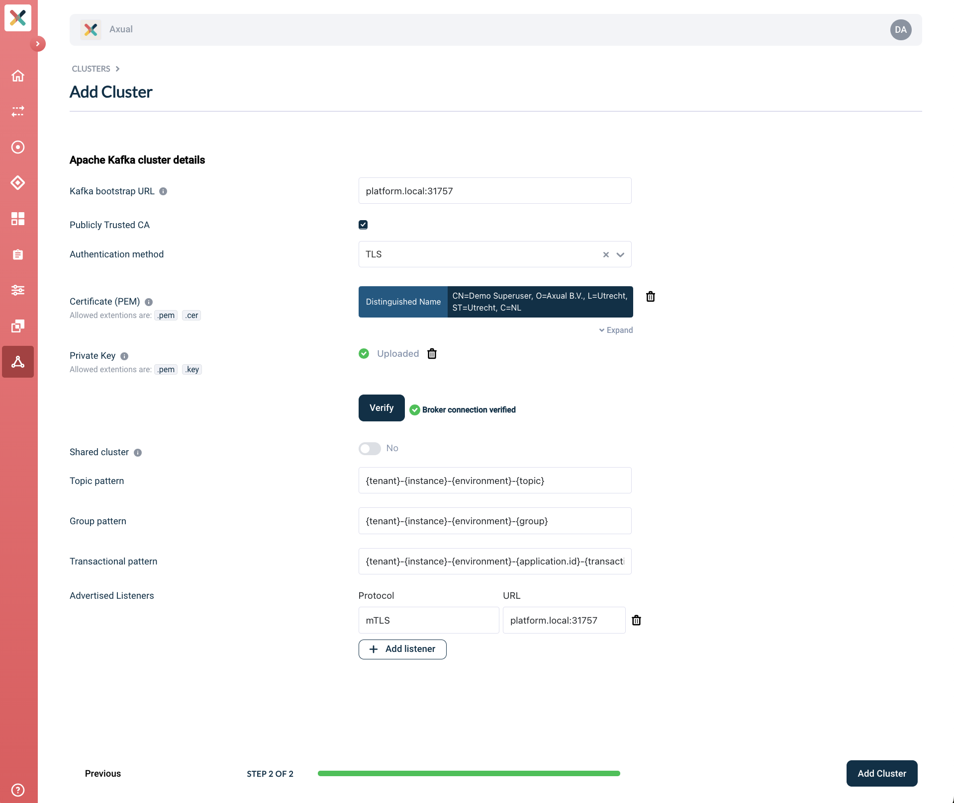 Self-Service Add Cluster Advertised listeners section