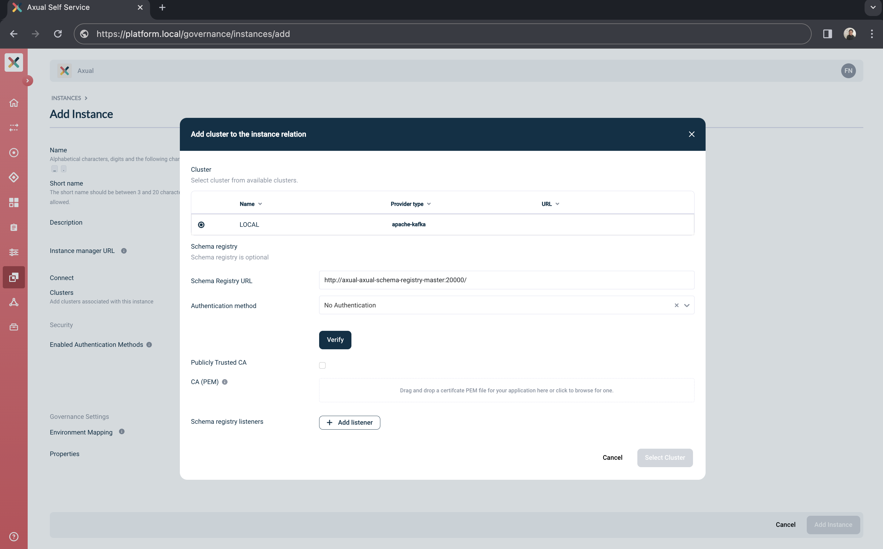 Self-Service Add Schema Registry Details page