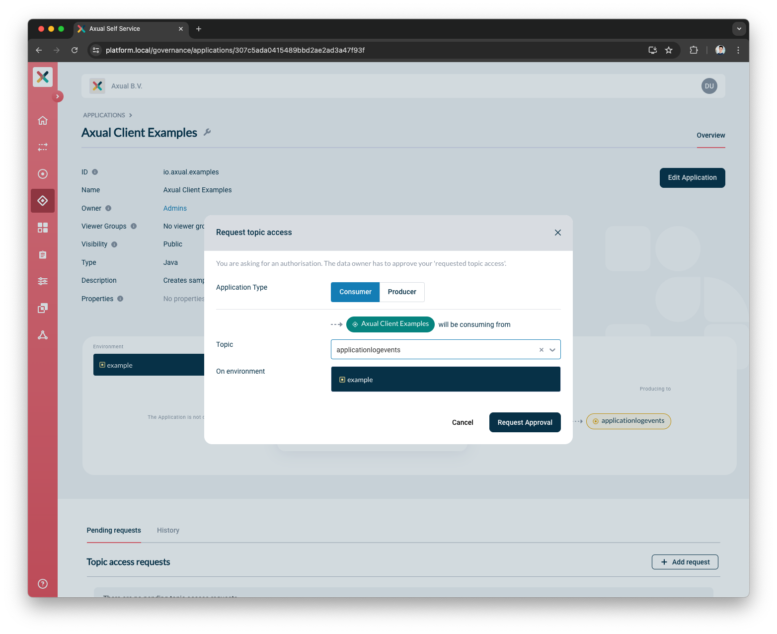 Our configured stream request modal for consumer