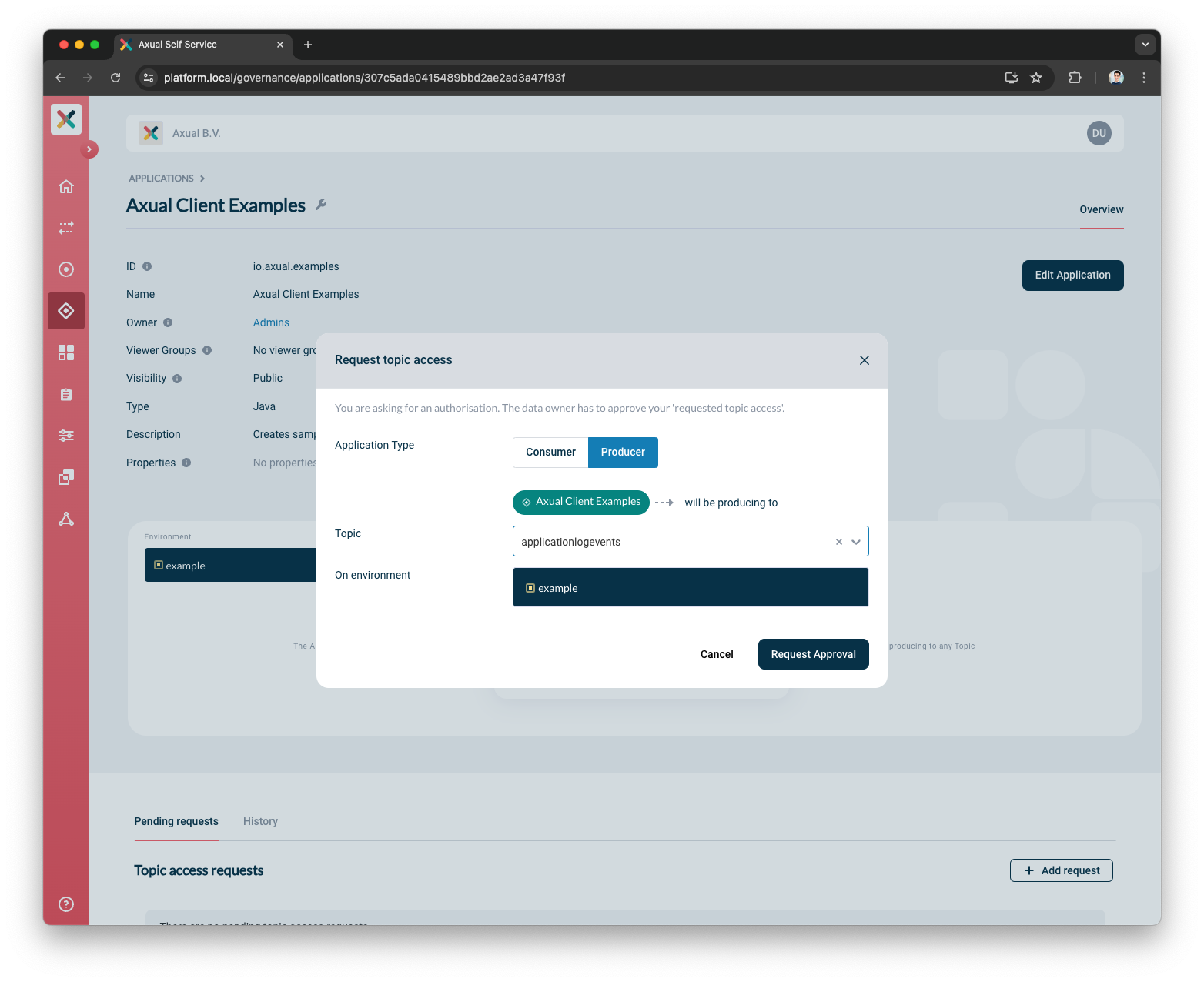 Our configured stream request modal for producer