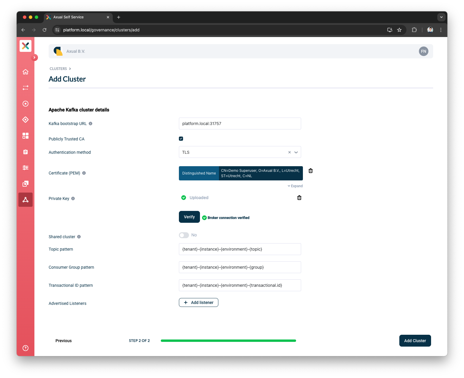 Self-Service Add Kafka Details section