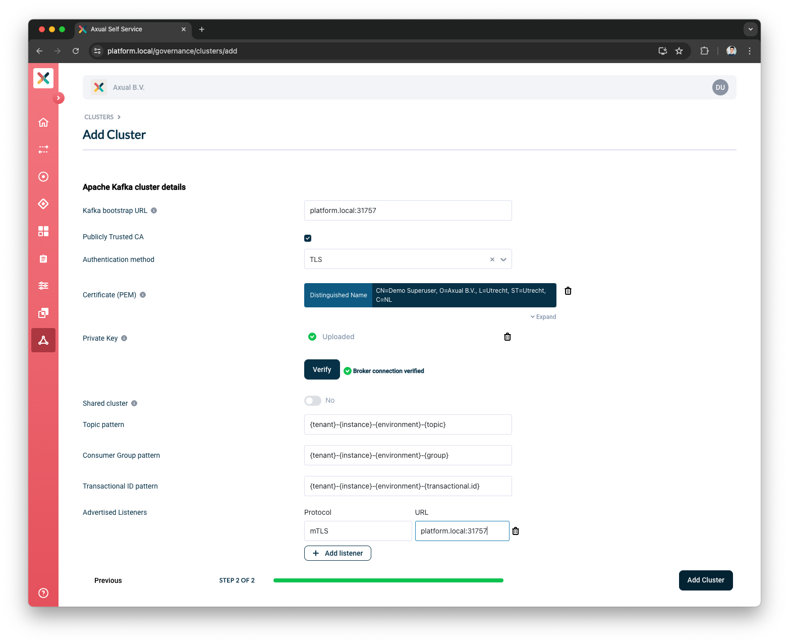 Self-Service Add Cluster Advertised listeners section
