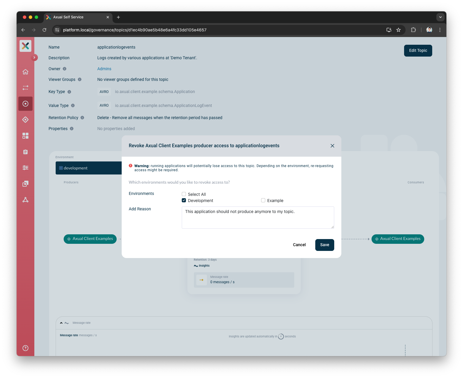 Adding a reason and selecting an environment when revoking access