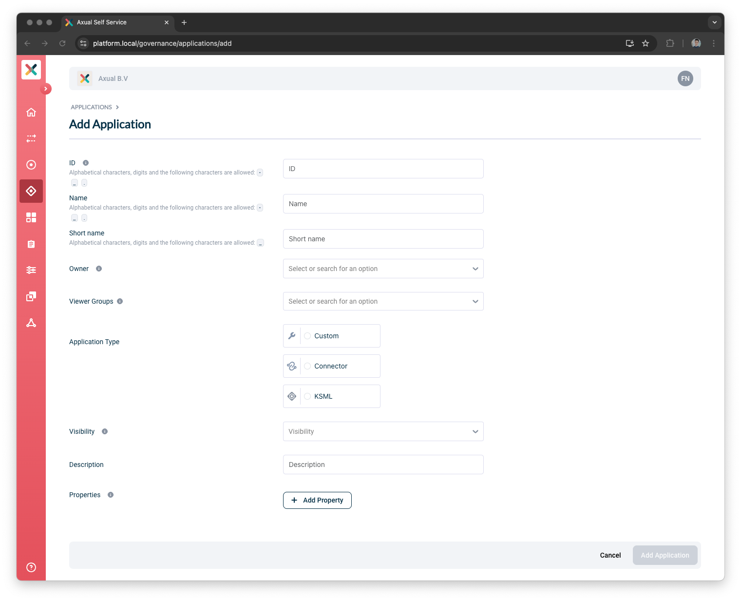 Axual "Self-Service" UI, "Add Application" page