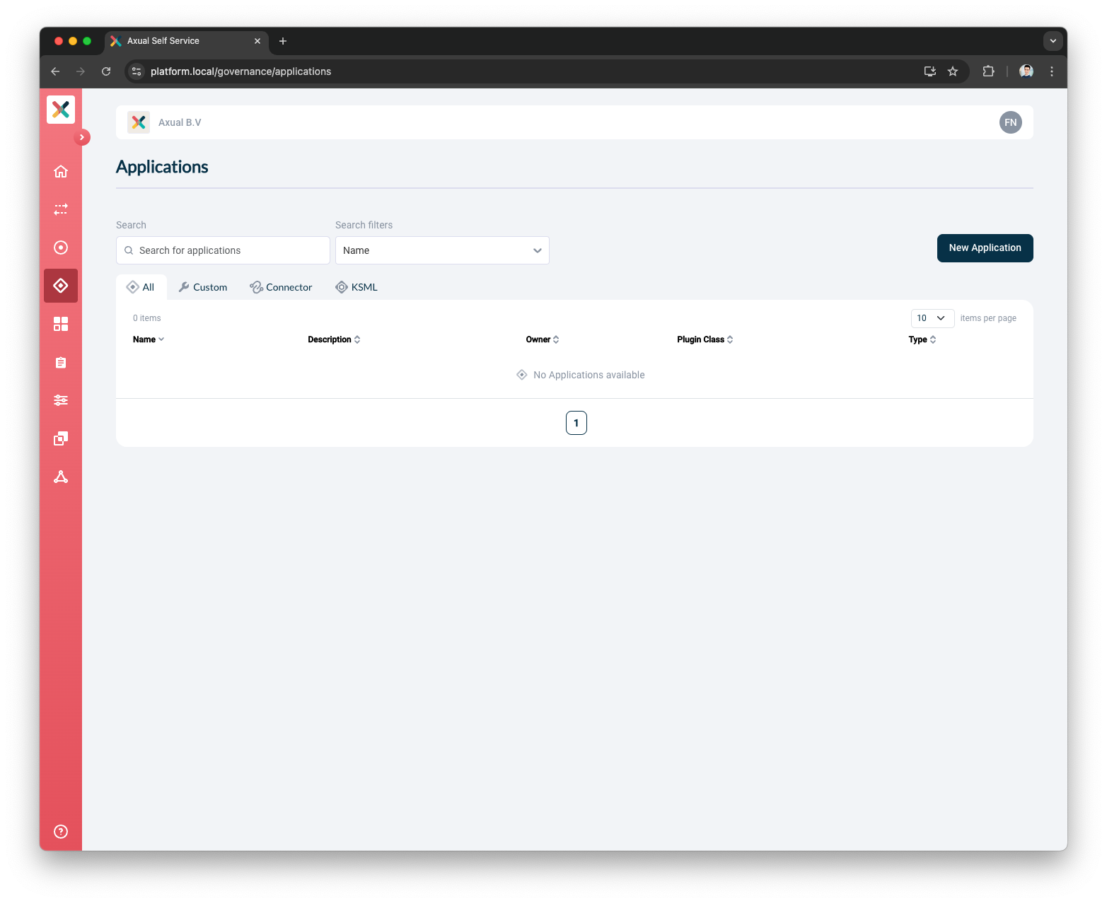 Axual "Self-Service" UI, "Applications" page