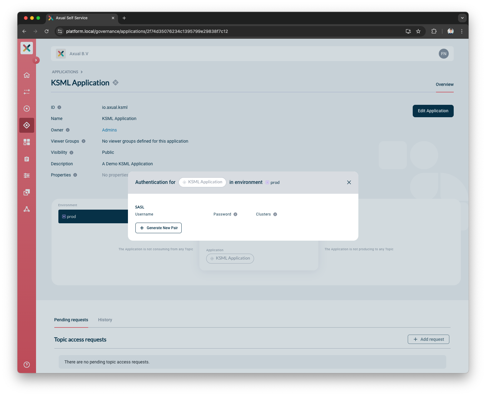 Axual "Self-Service" UI,  "Application" page showing the security-configuration pop-up modal of an unconfigured ksml-application