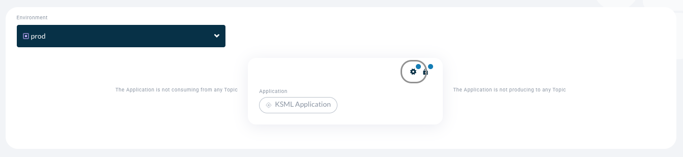 Axual "Self-Service" UI, section of the "Application" page, showing the security and configuration modal of an unconfigured KSML Application, with the blue circle indicators on both configuration buttons