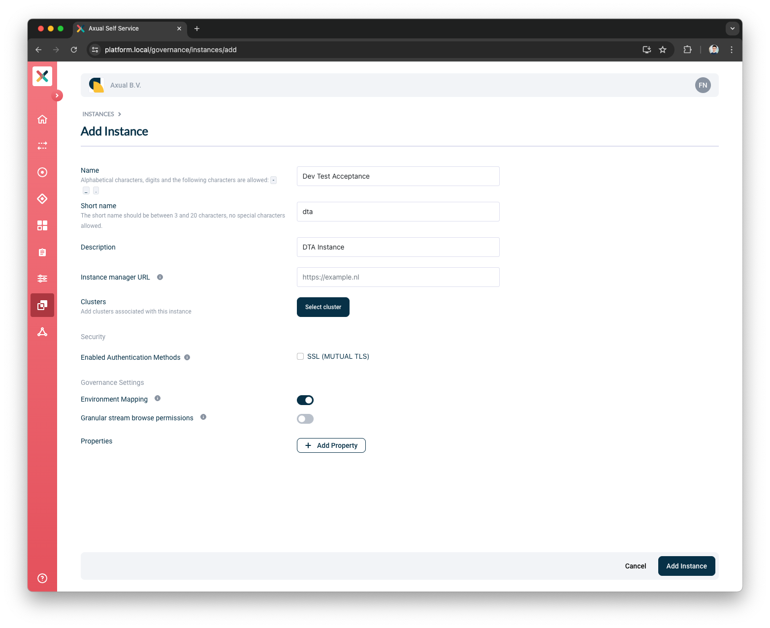 Self-Service Add Instance Details page