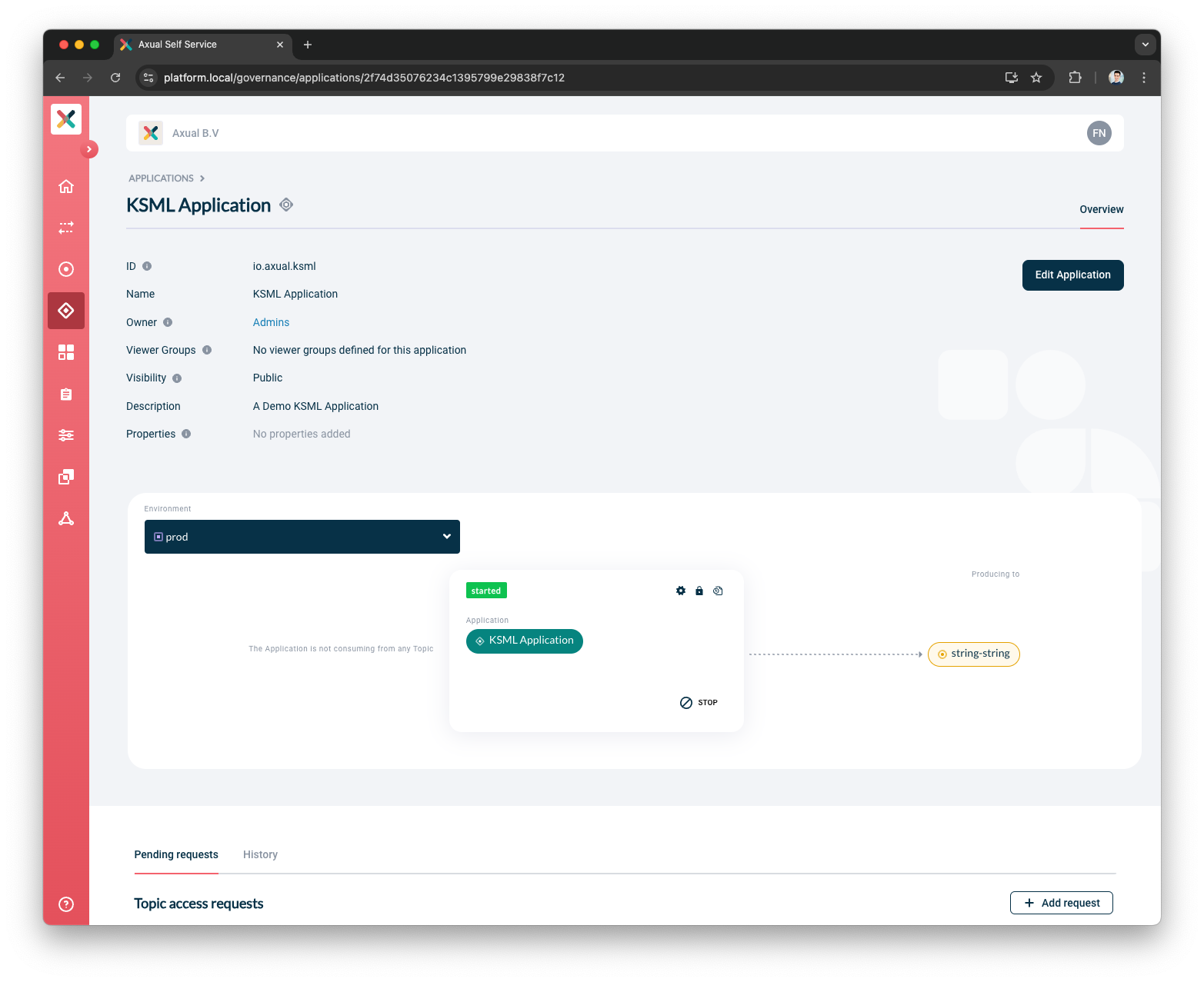 Axual "Self-Service" UI, "Application" page showing the KSML configuration status box of a configured application, in "running" state
