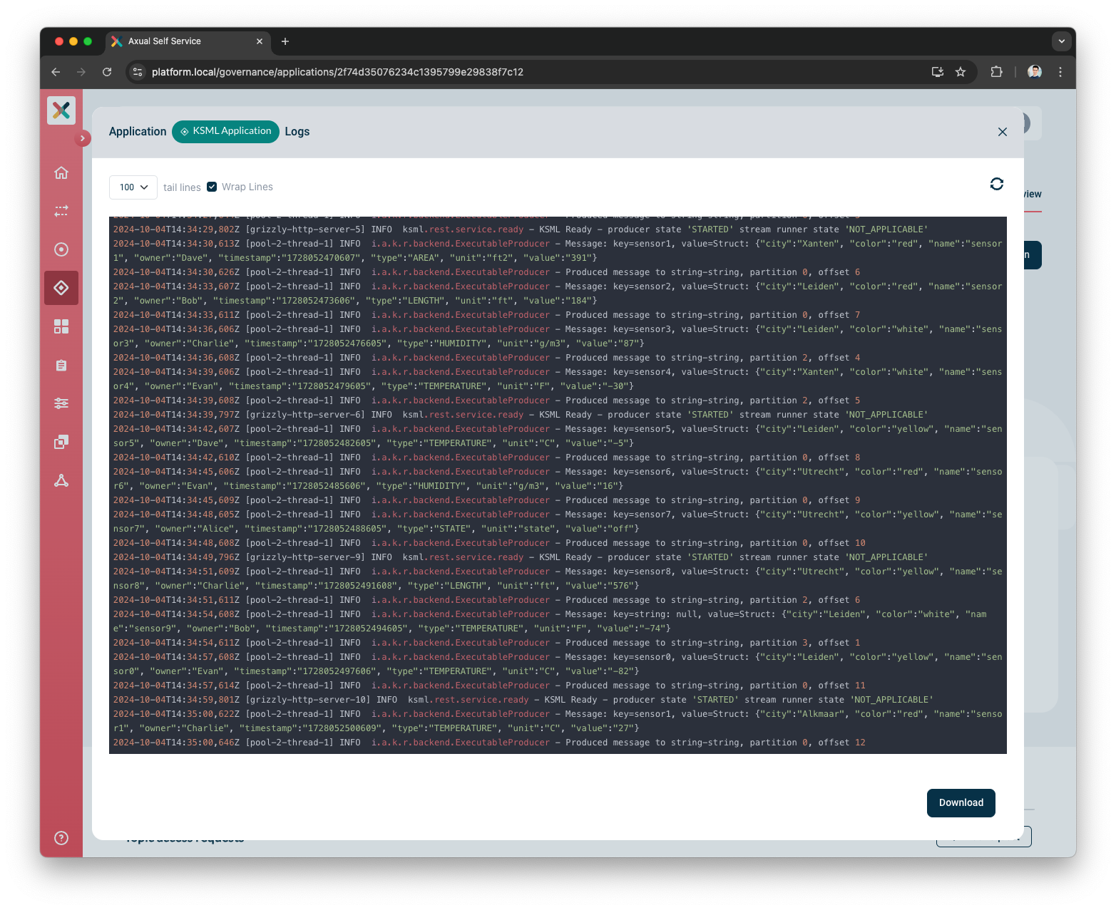 Axual "Self-Service" UI, "Application" page showing the connector logs tab