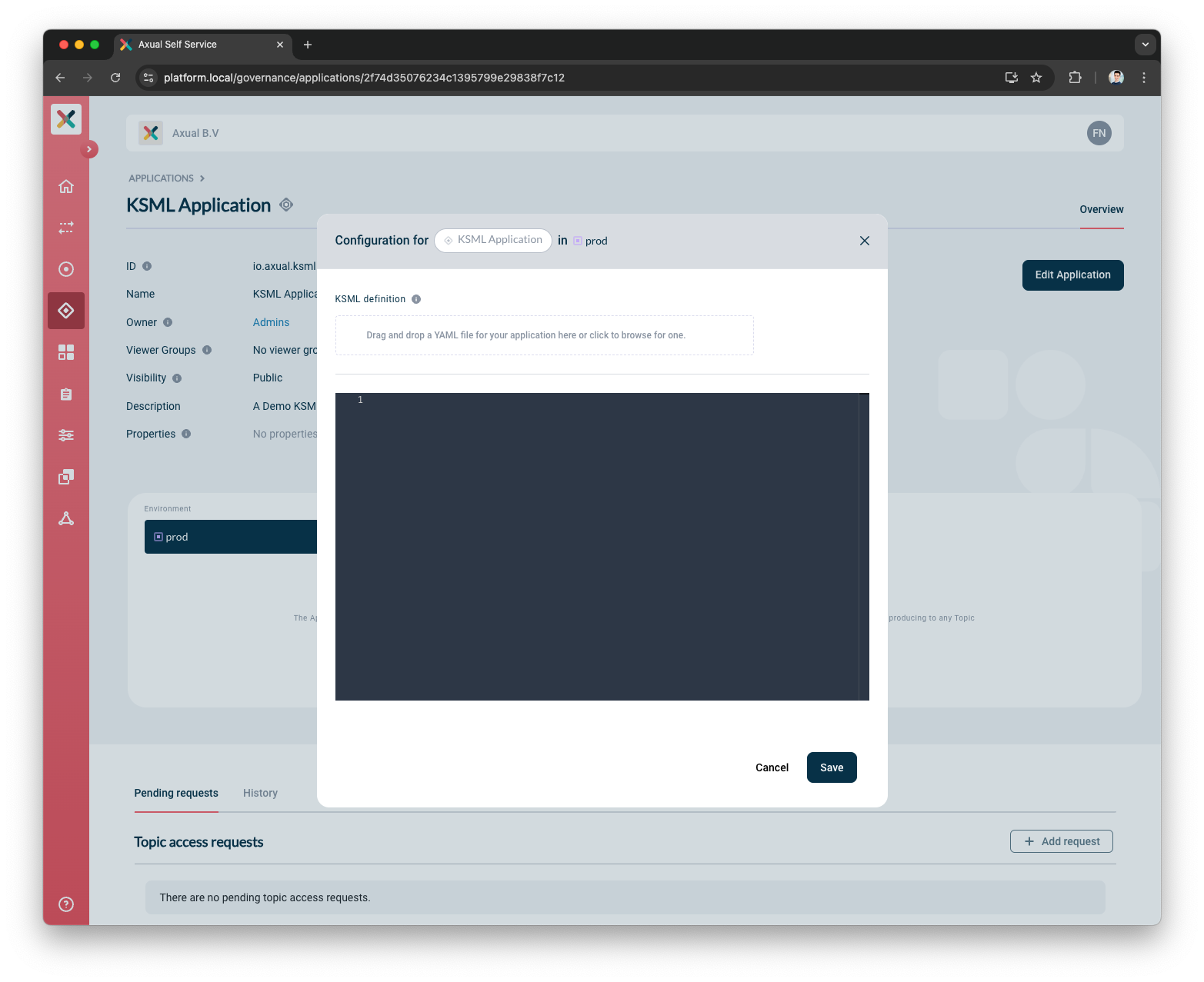 Axual "Self-Service" UI, "Application" page showing the KSML-definition pop-up modal of an unconfigured ksml-application