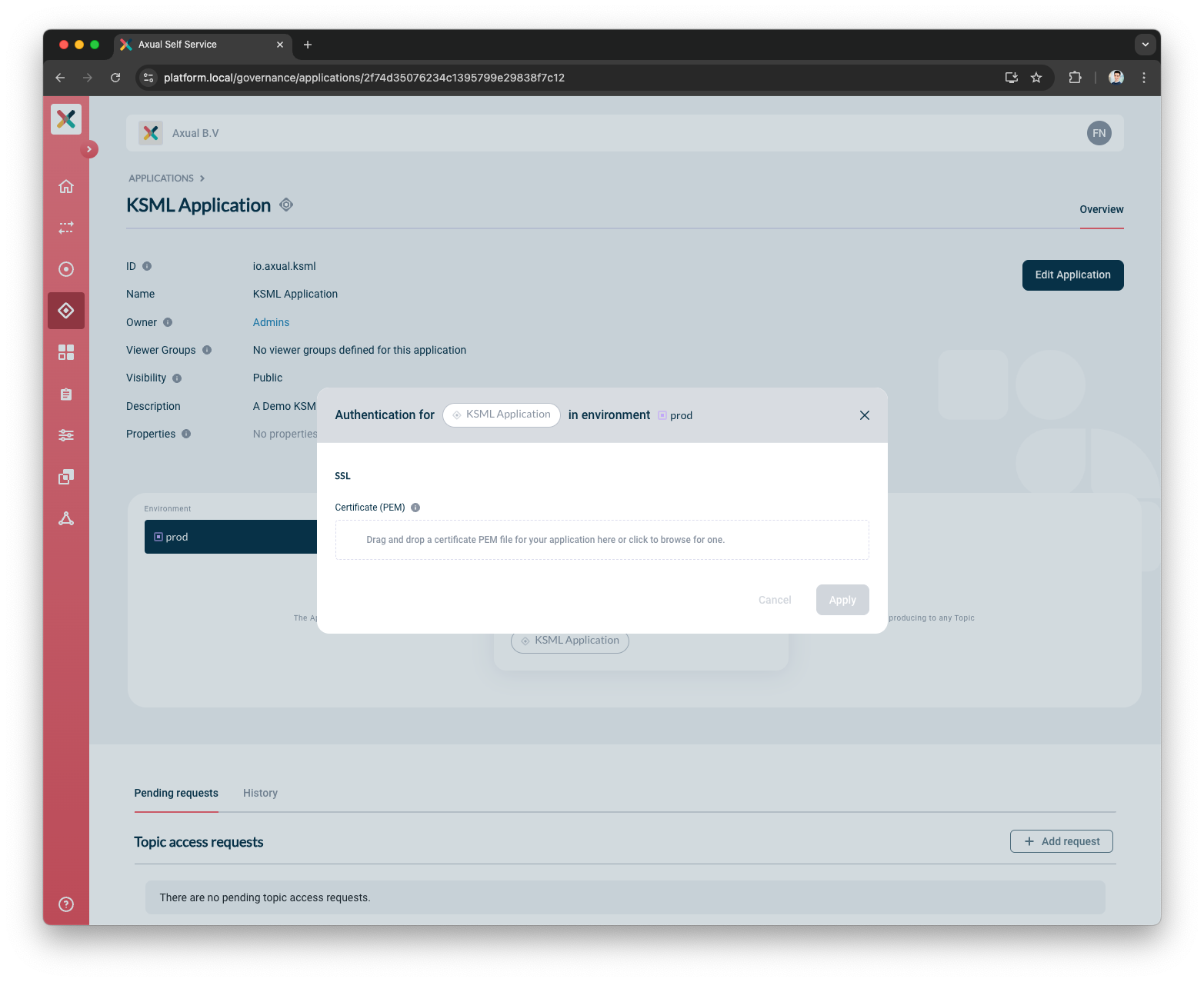 Axual "Self-Service" UI "Application" page showing the security-configuration pop-up modal of an unconfigured ksml-application