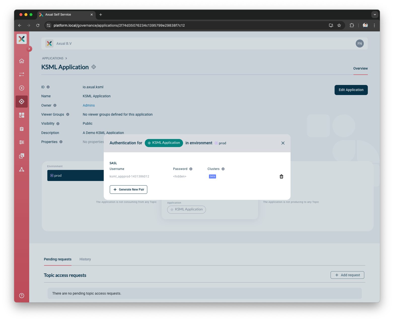Axual "Self-Service" UI, "Application" page showing the security-configuration pop-up modal of an unconfigured ksml-application