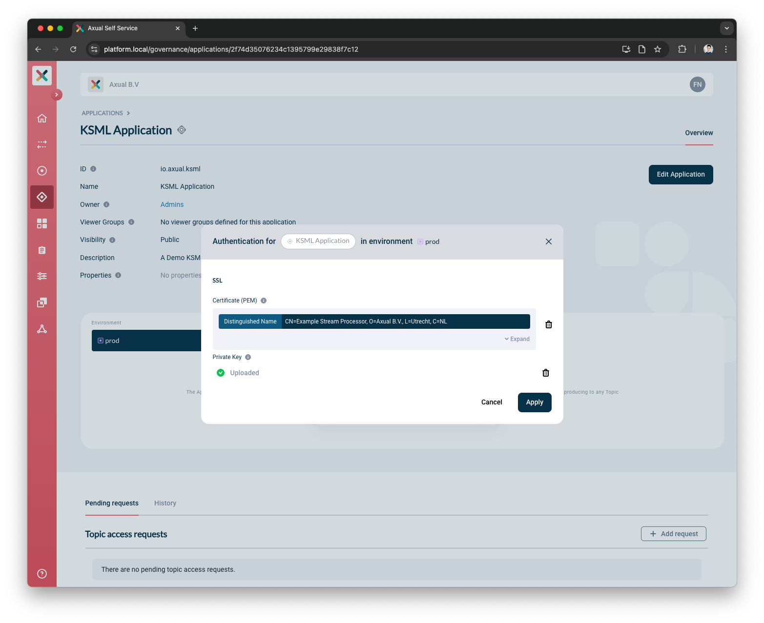 Axual "Self-Service" UI, "Application" page showing the security-configuration pop-up modal with correct configuration for a KSML Application