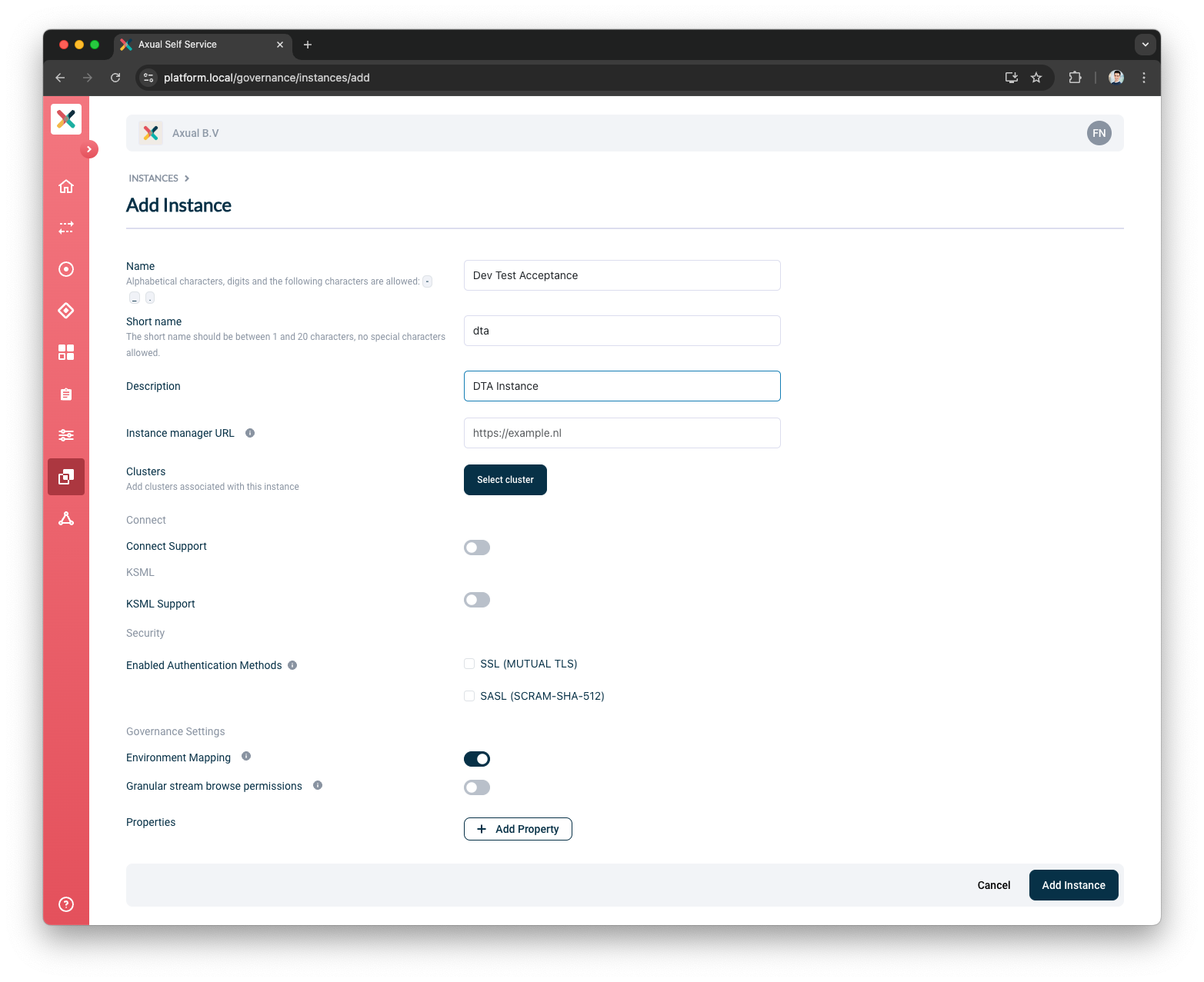 Self-Service Add Instance Details page