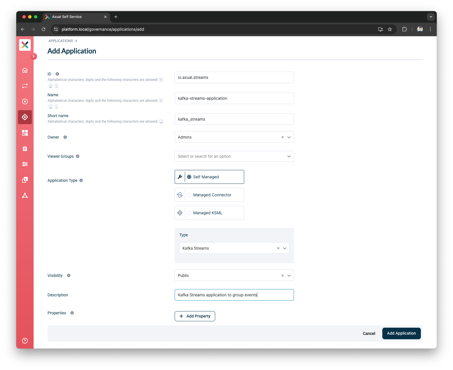 Self-Service Add Kafka Streams Application