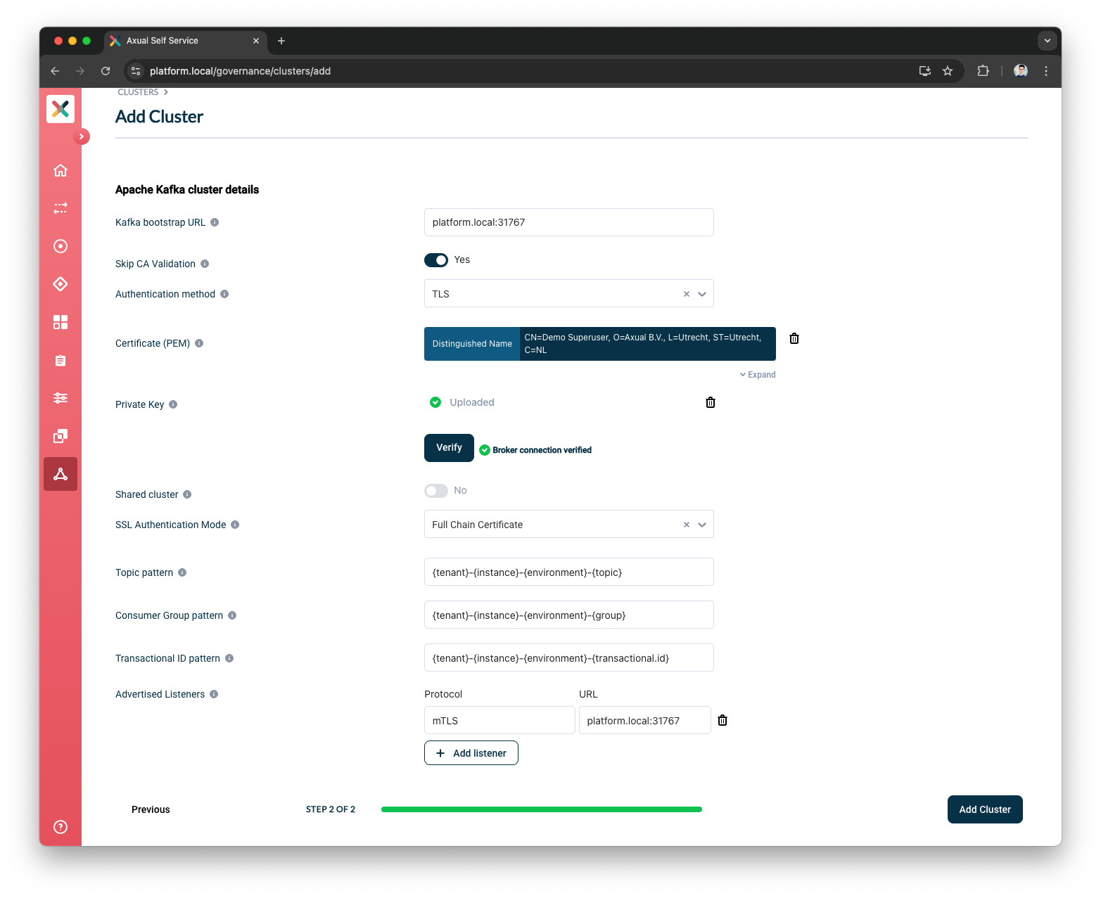 Self-Service Add Cluster Advertised listeners section