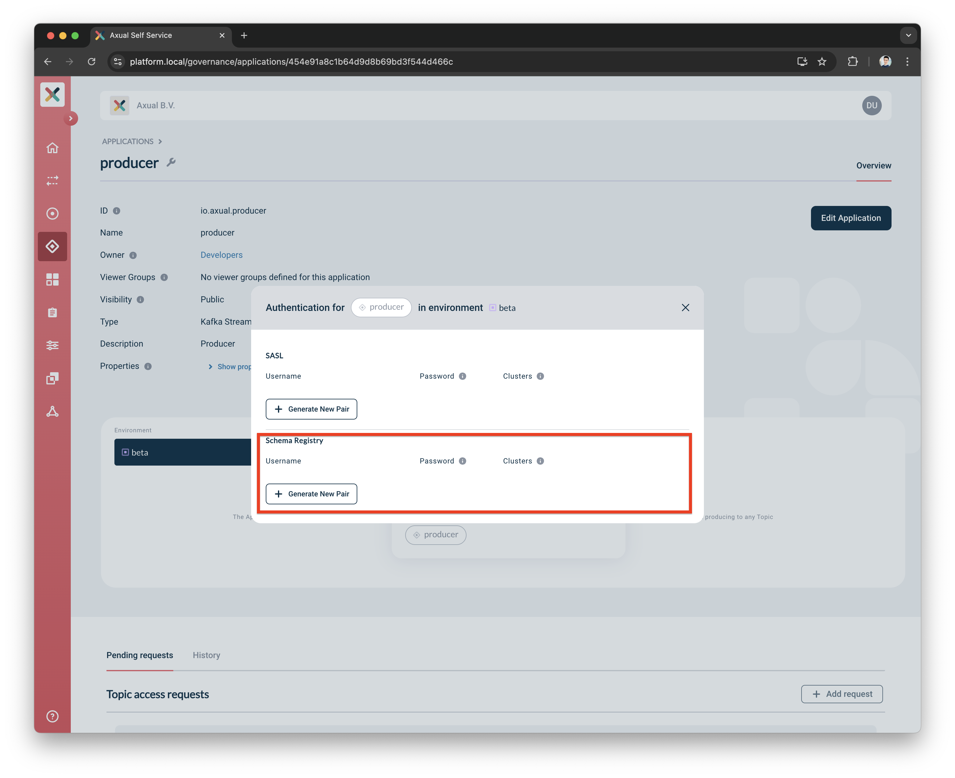 Create application schema-registry credentials model