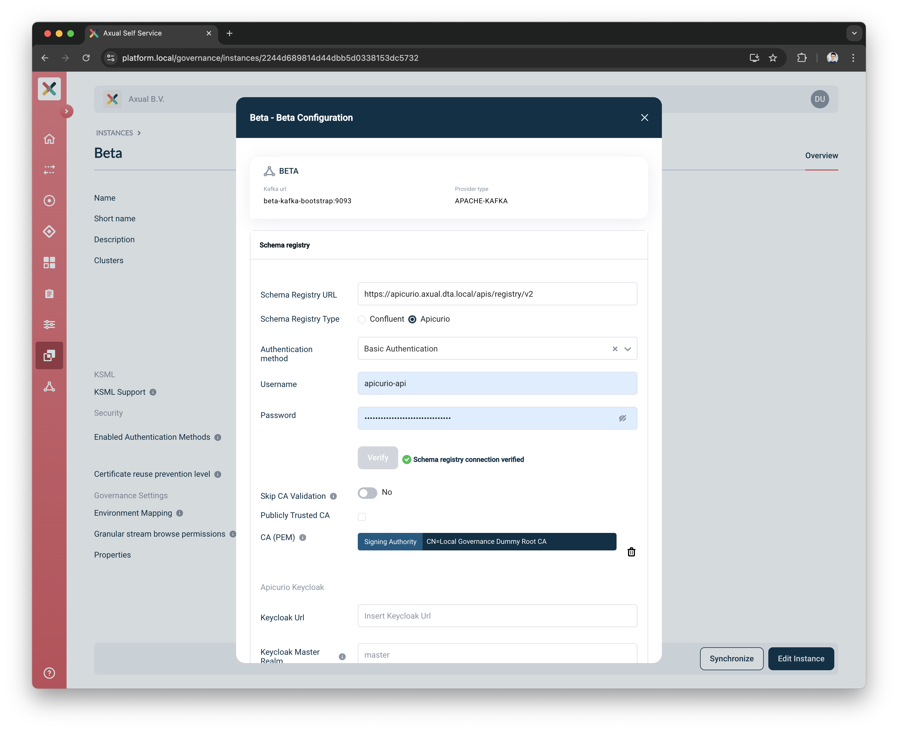 Self-Service Add Apicurio Schema Registry Details page