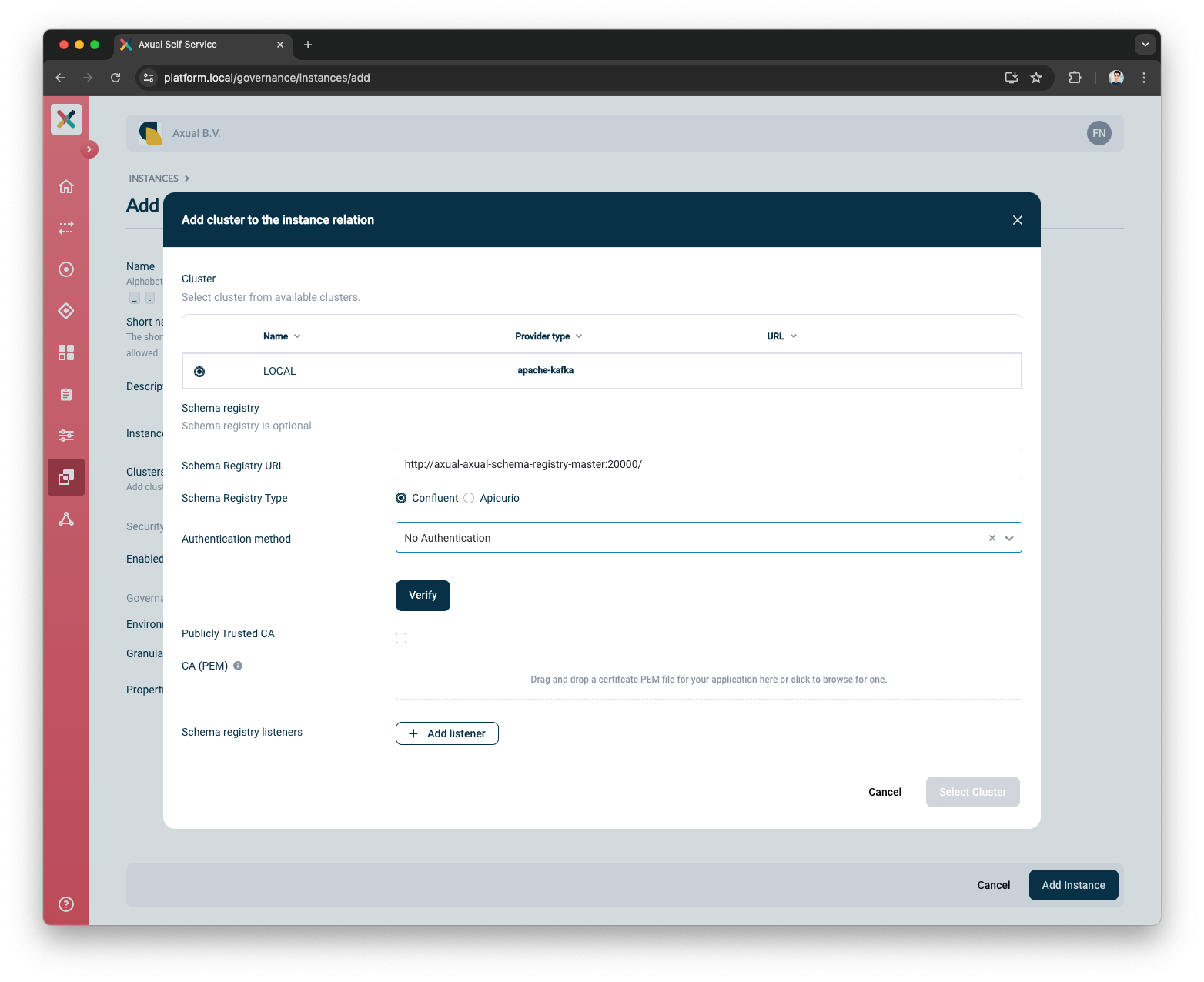 Self-Service Add Confluent Schema Registry Details page