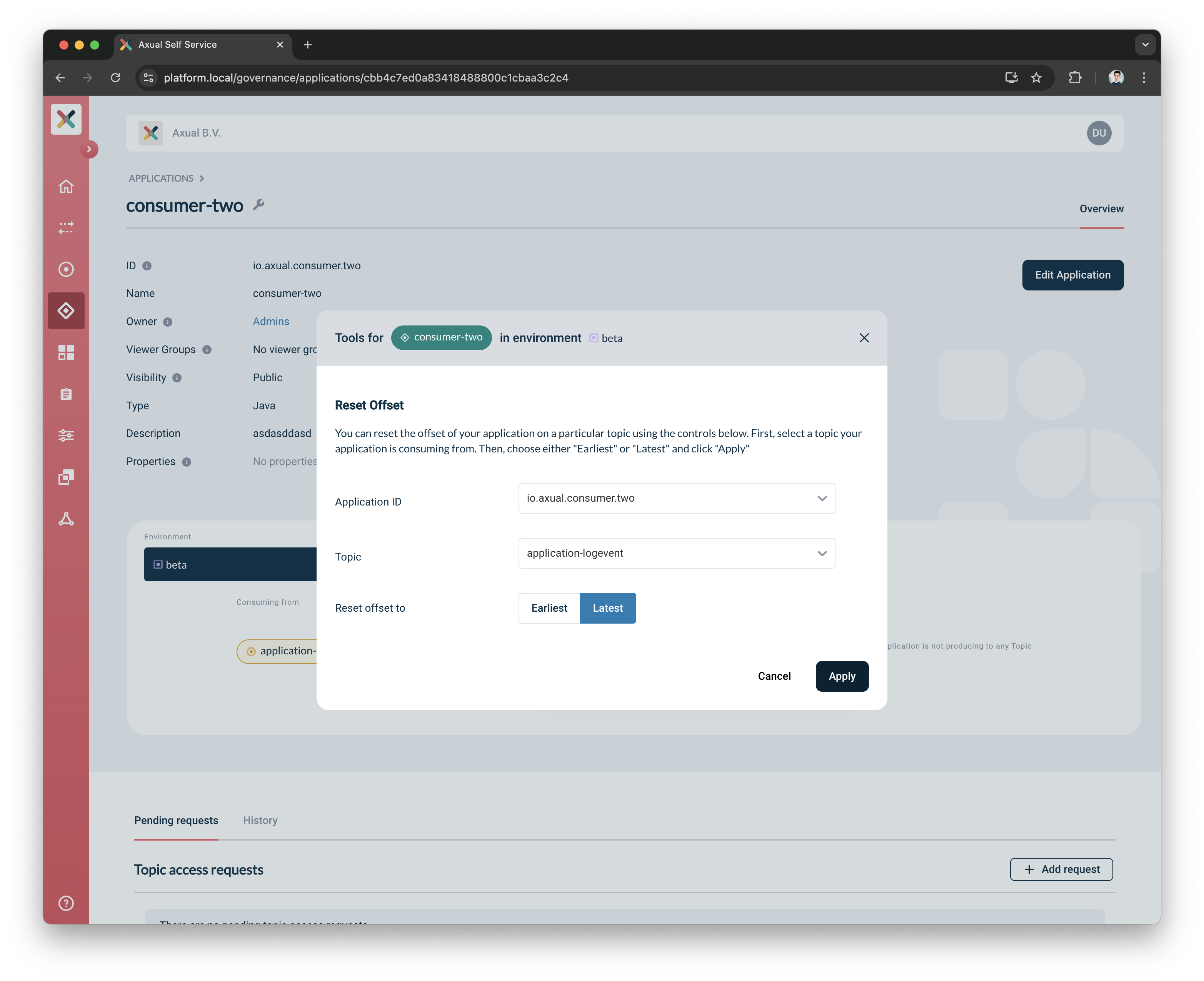 Reset Consumer Group modal