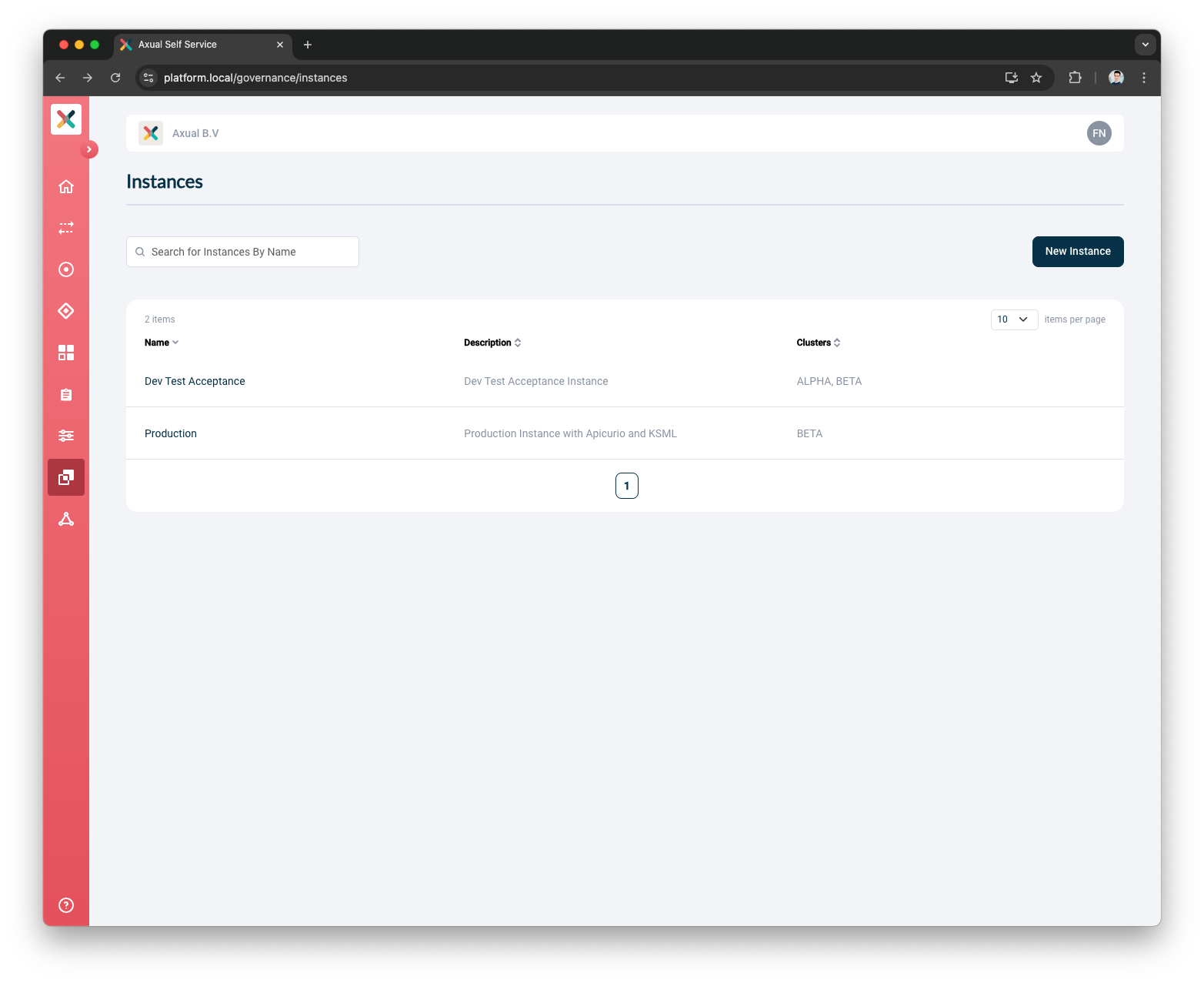 Axual Self-Service UI, showing the Instances Page