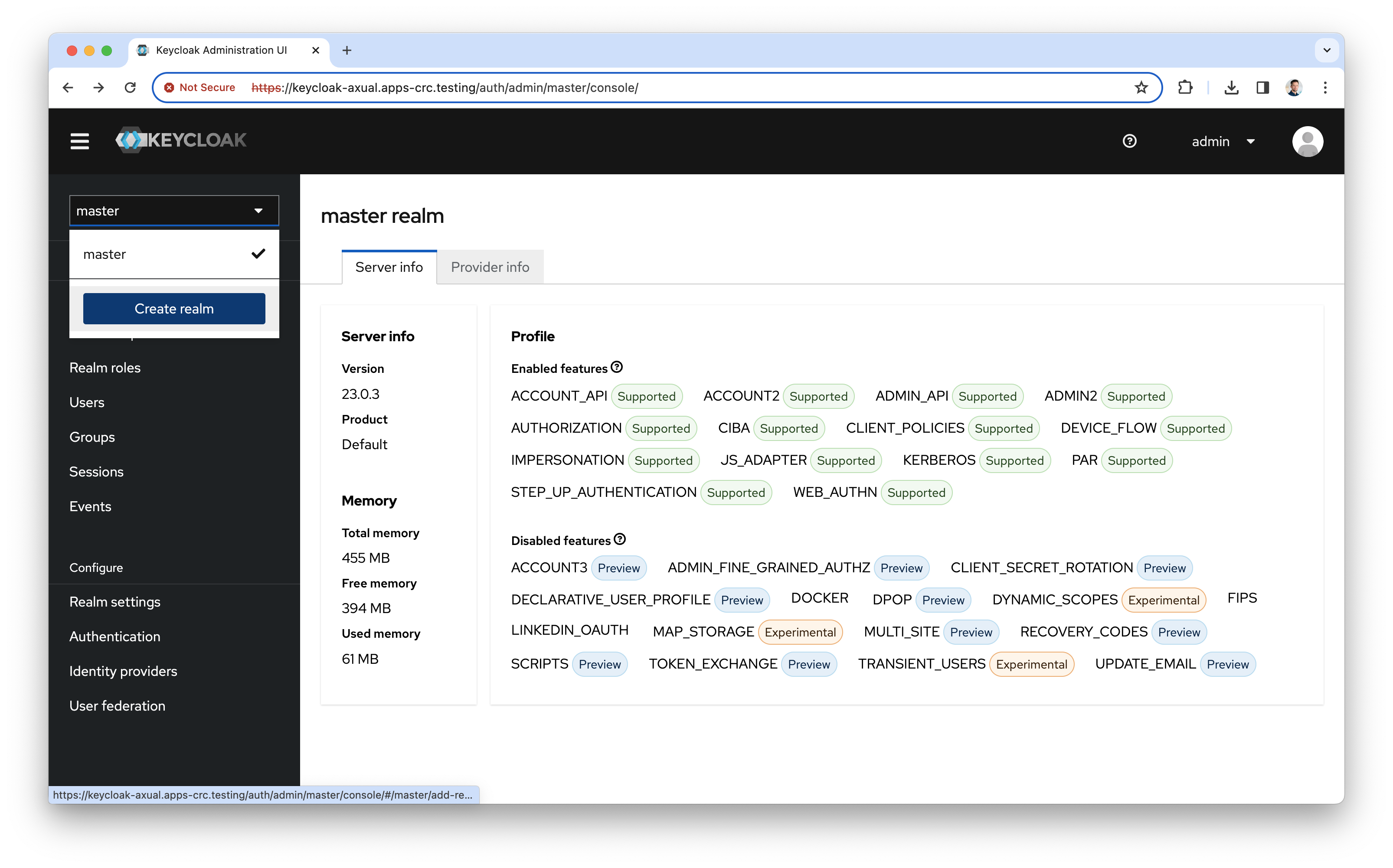 Keycloak - adding a realm (OpenShift)