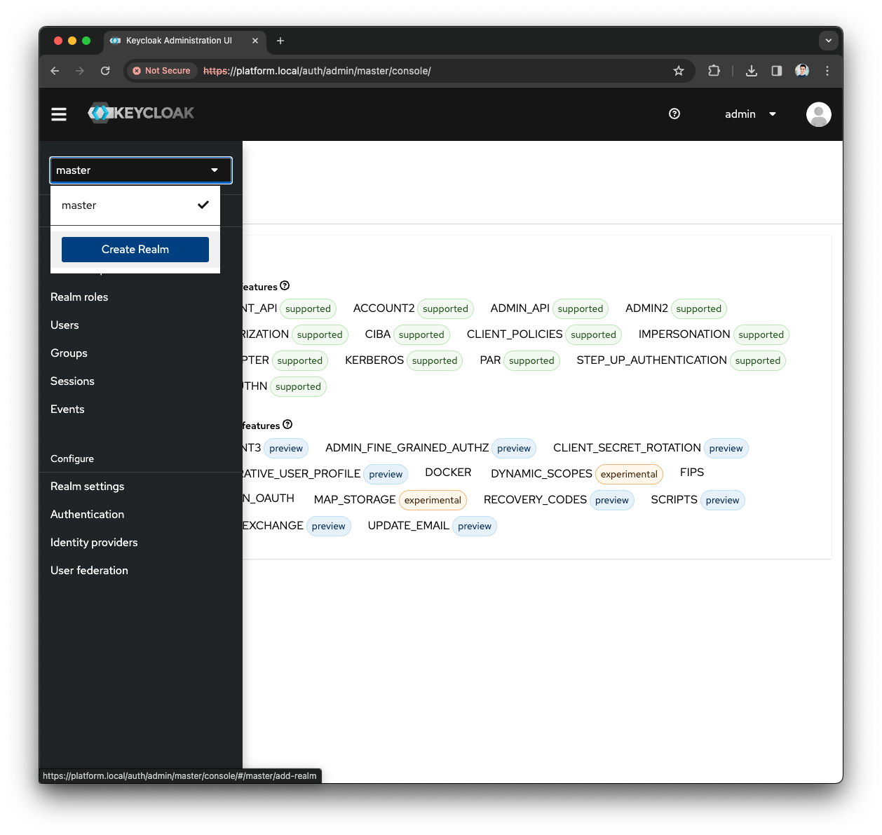Keycloak Create Realm menu