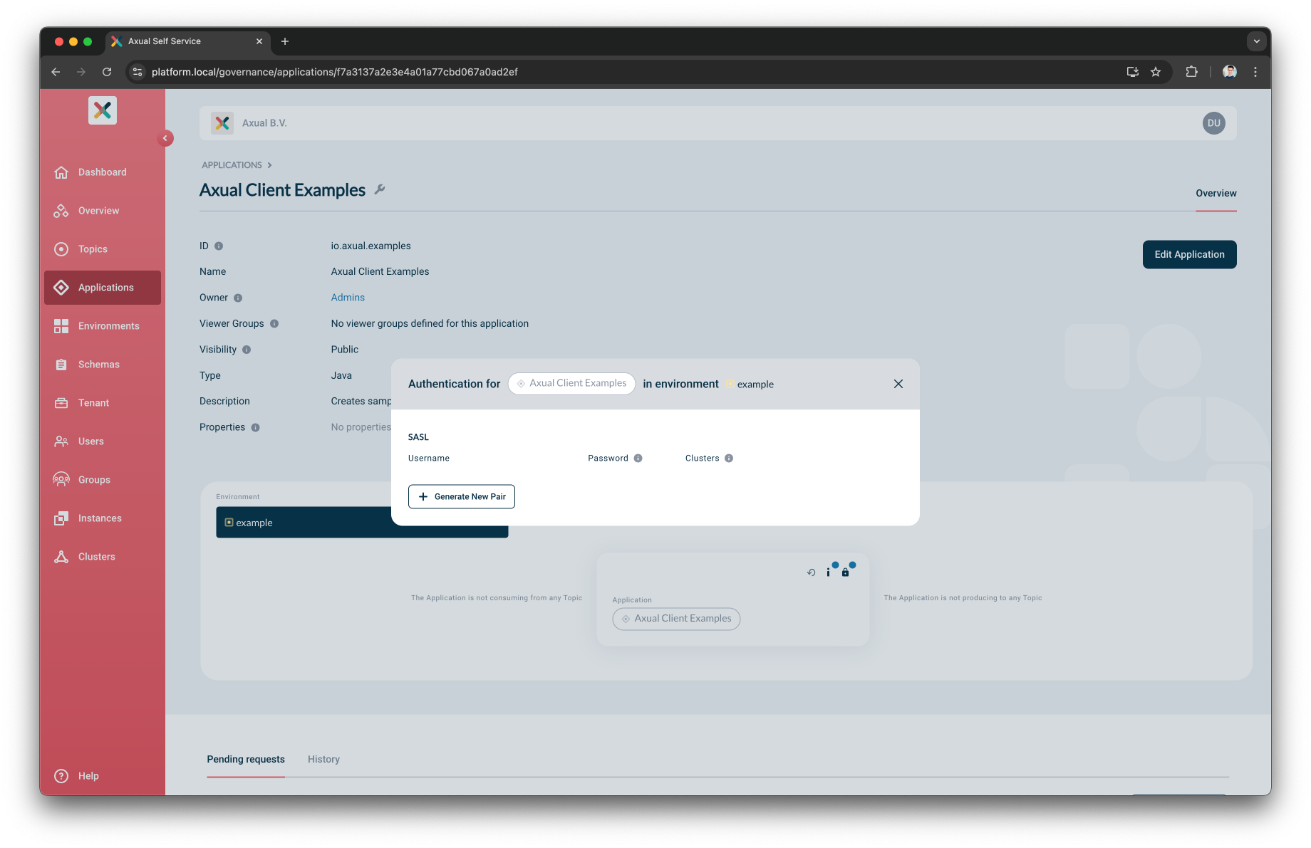 Configure application Credentials modal