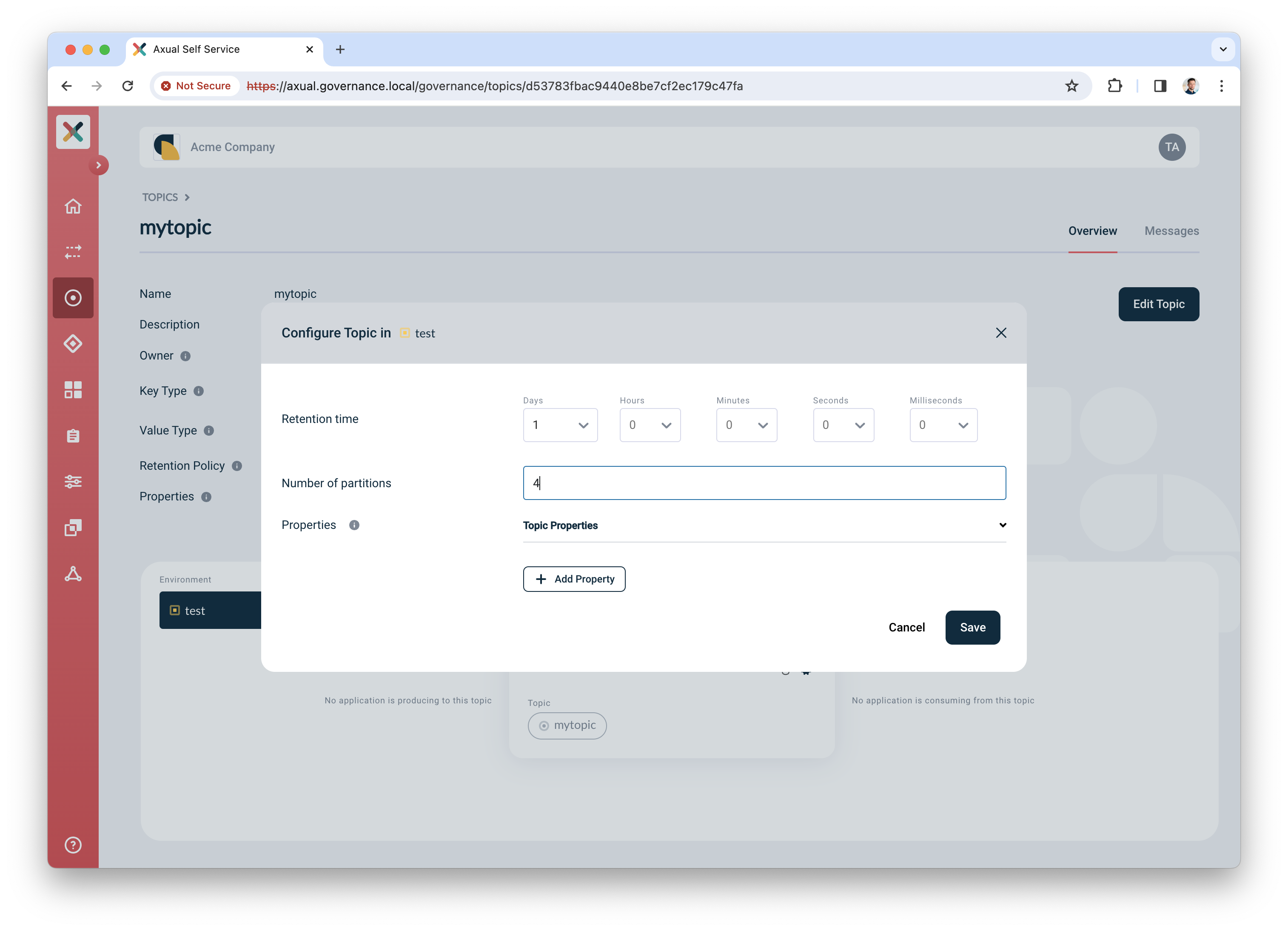 Self-Service Configure Topic modal configured