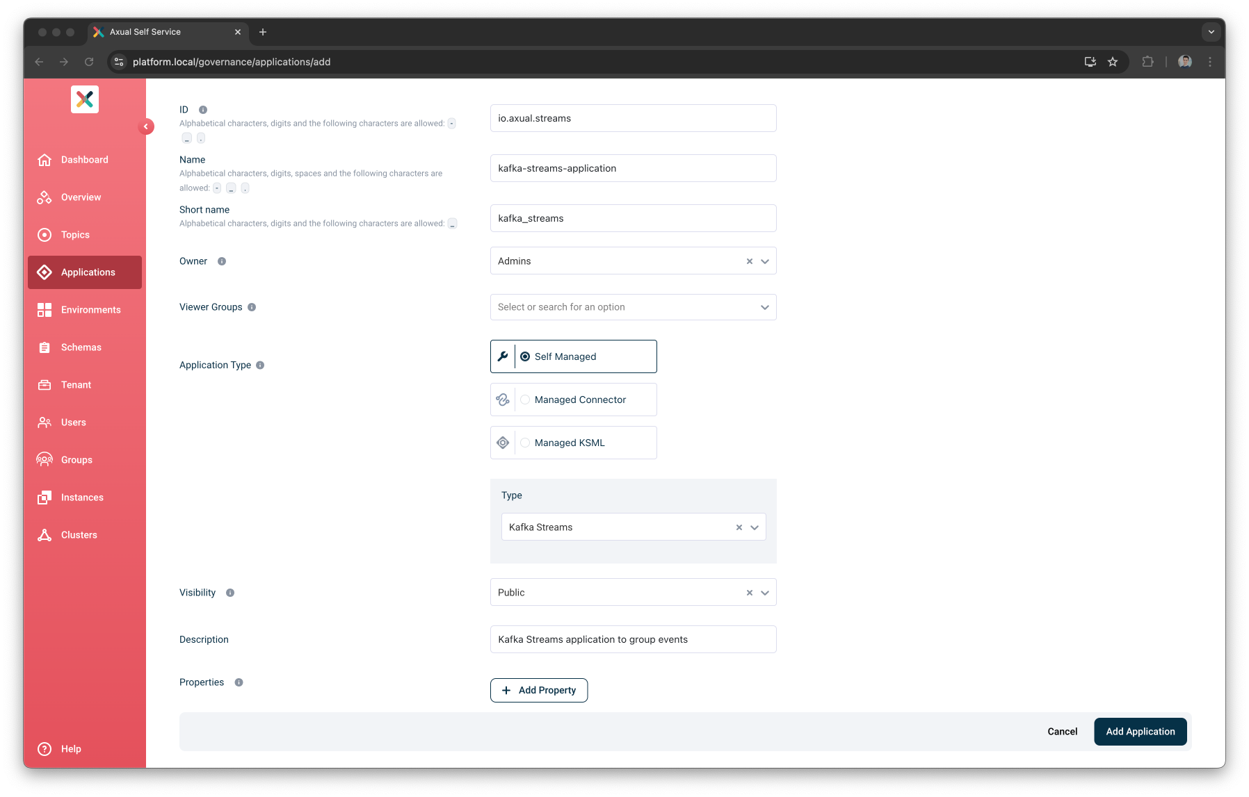 Self-Service Add Kafka Streams Application