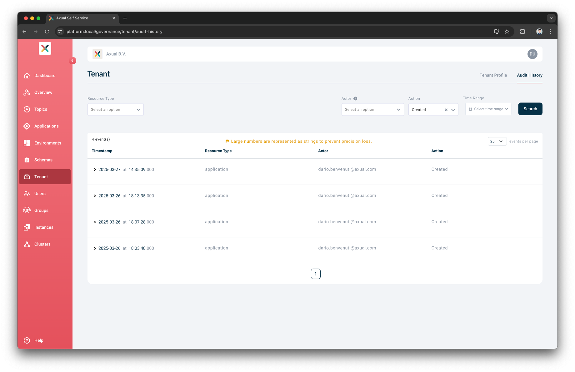 Audit History tab filtered by Action
