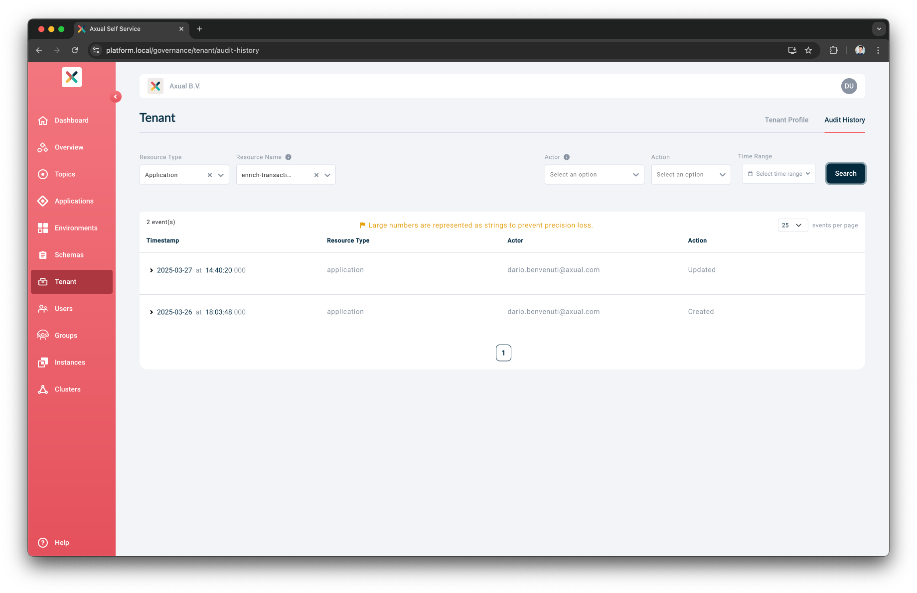 Audit History tab filtered by Resource Type and Resource Name