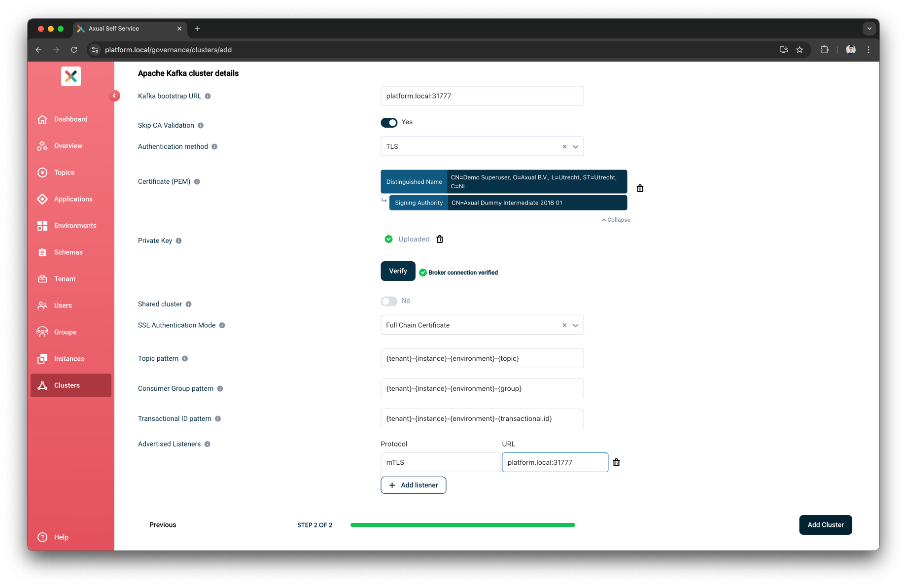 Self-Service Add Cluster Advertised listeners section