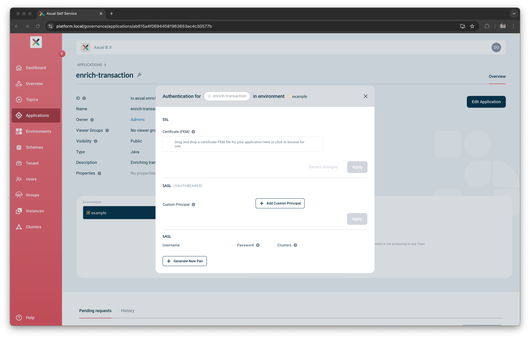 Configure application authentications modal
