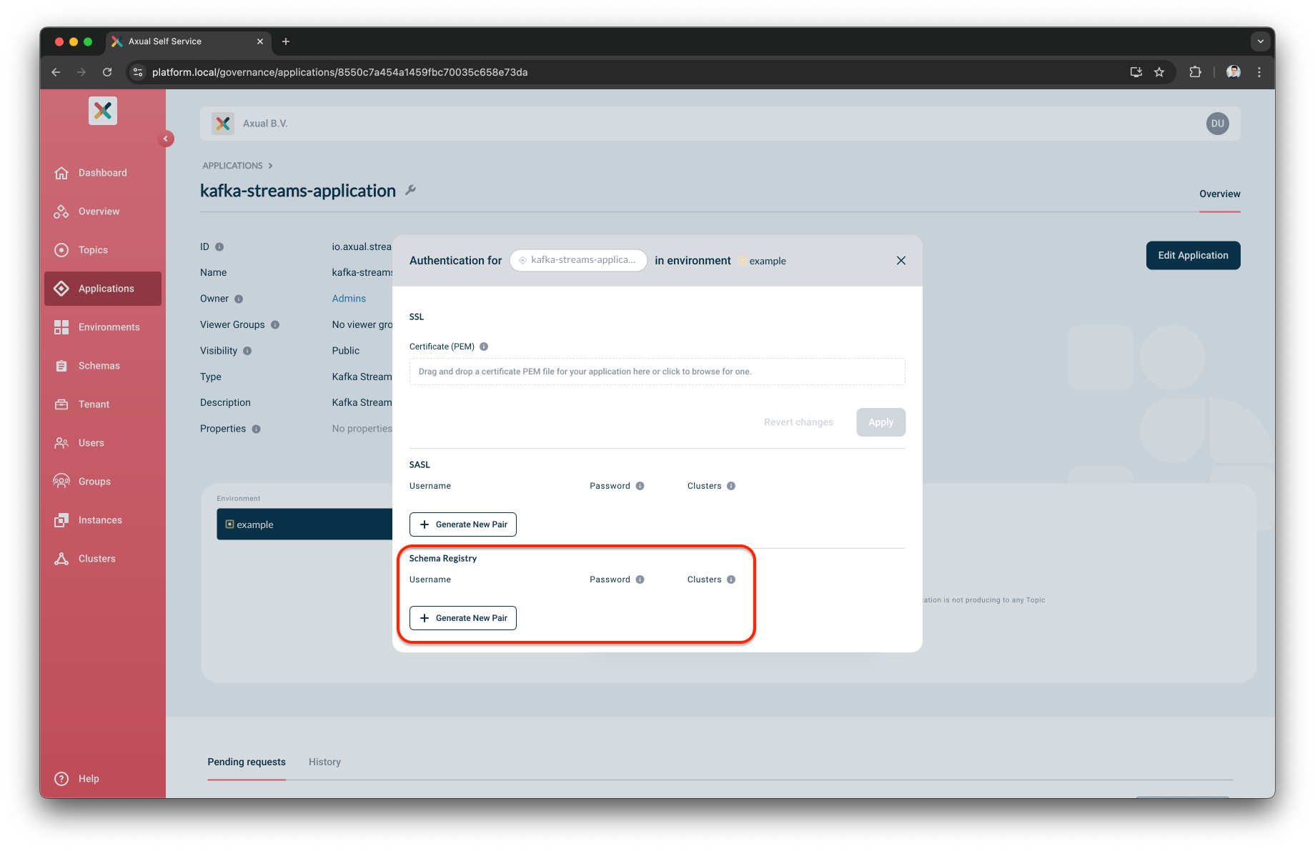 Create application schema-registry credentials model