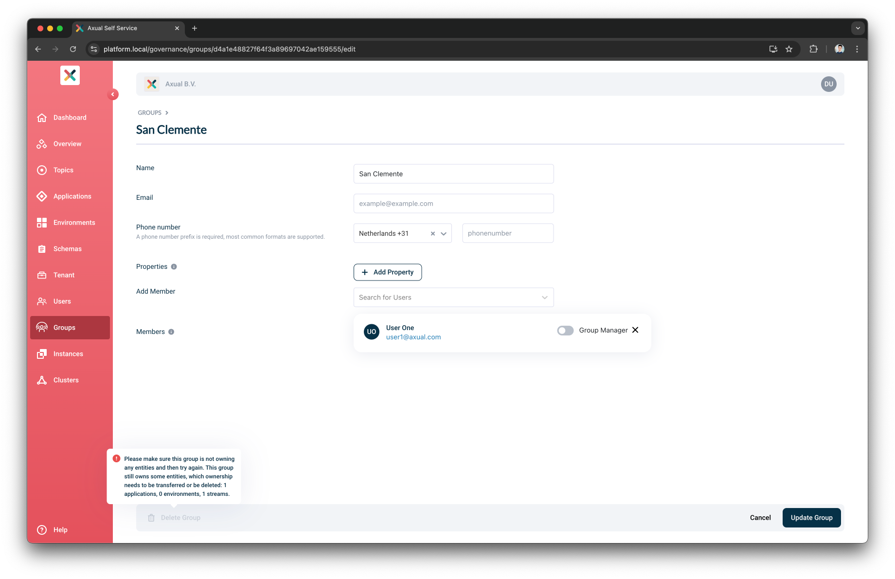 Inform delete group modal