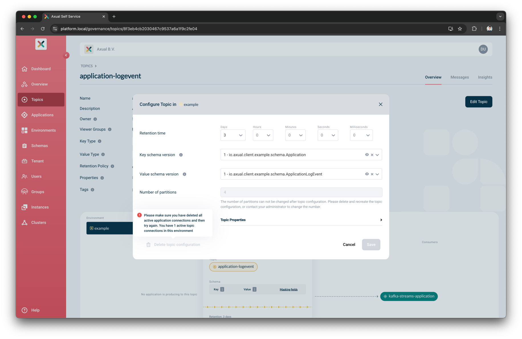 Inform topic configuration delete modal